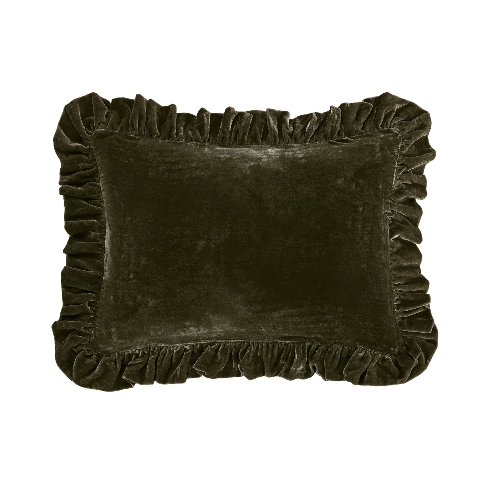 Stella - Faux Silk Velvet Ruffled Oblong Pillow - Fern Green
