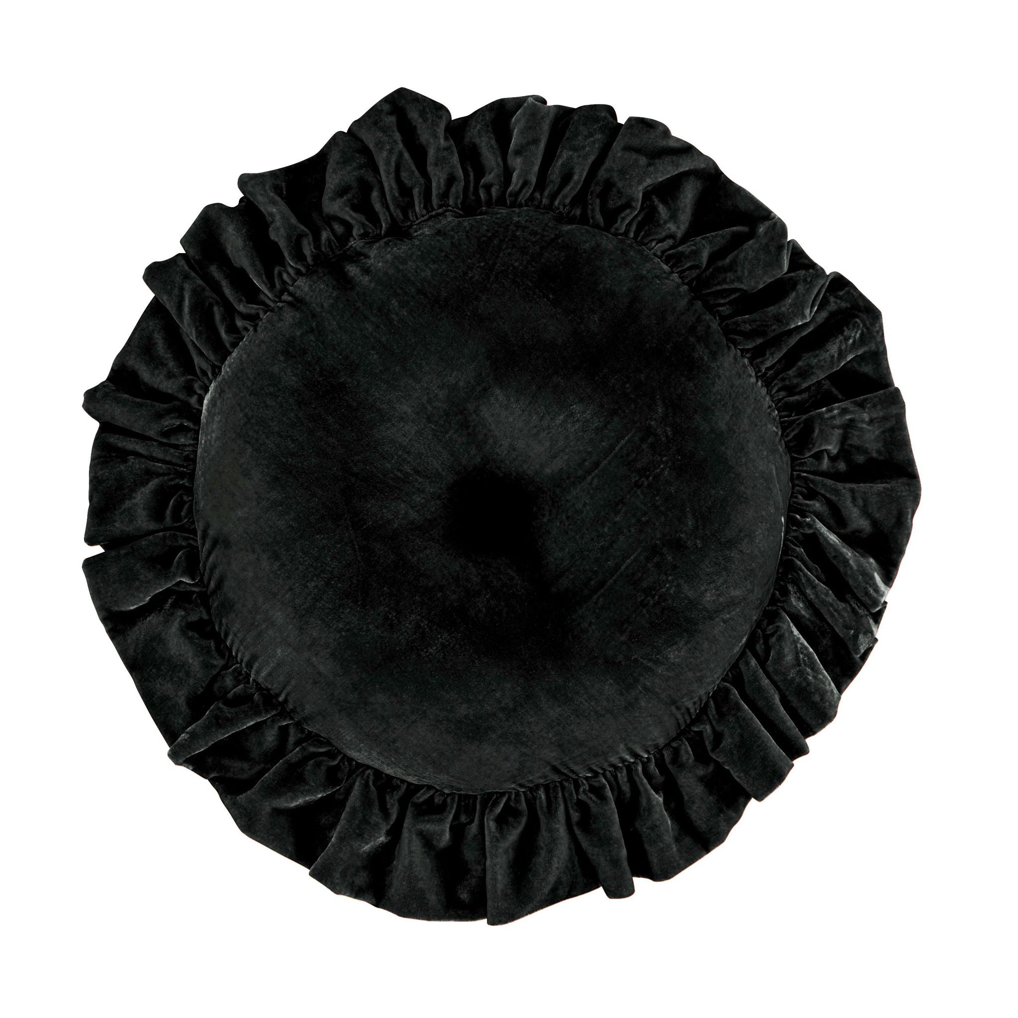 Stella - Faux Silk Velvet Ruffled Round Pillow - Black