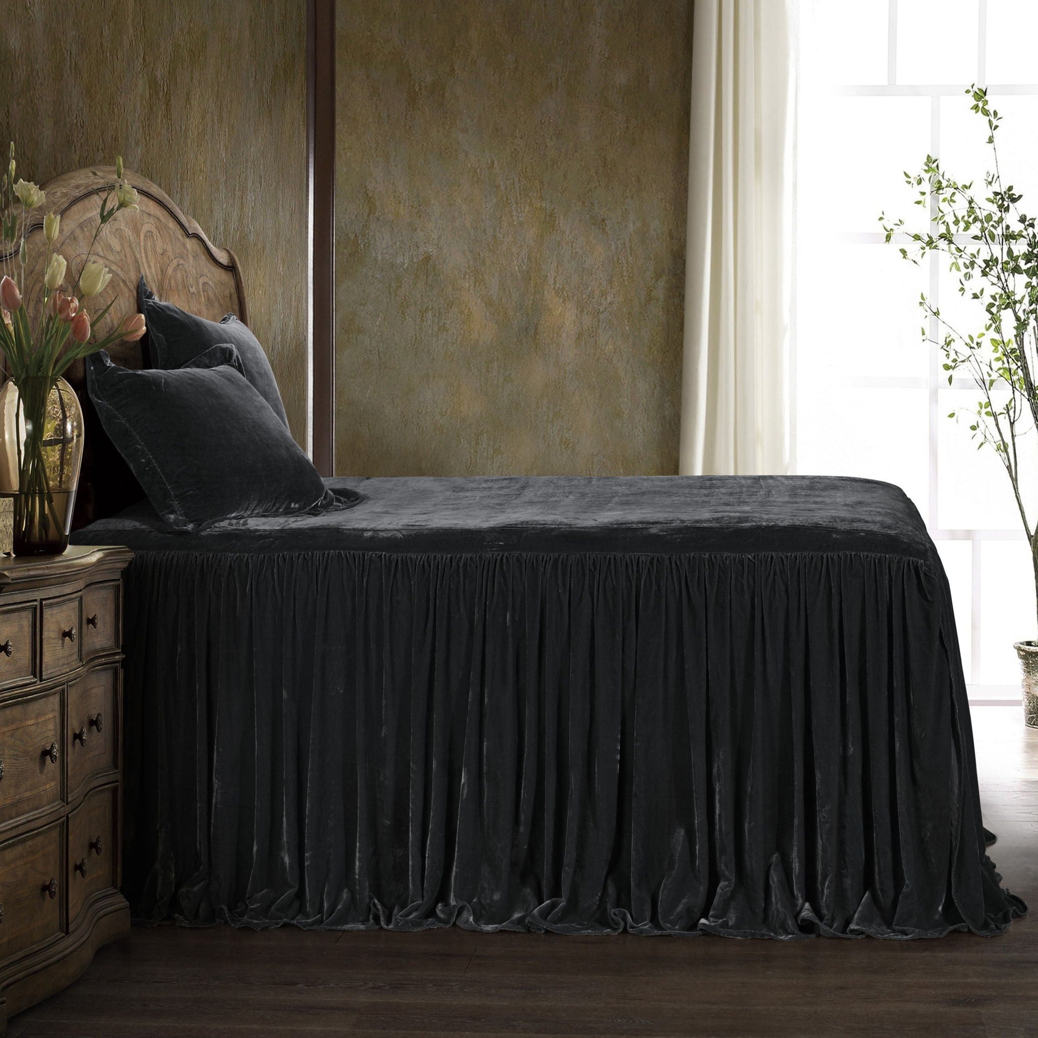 Stella - Queen Faux Silk Velvet Bedspread Set (Set of 3) - Black
