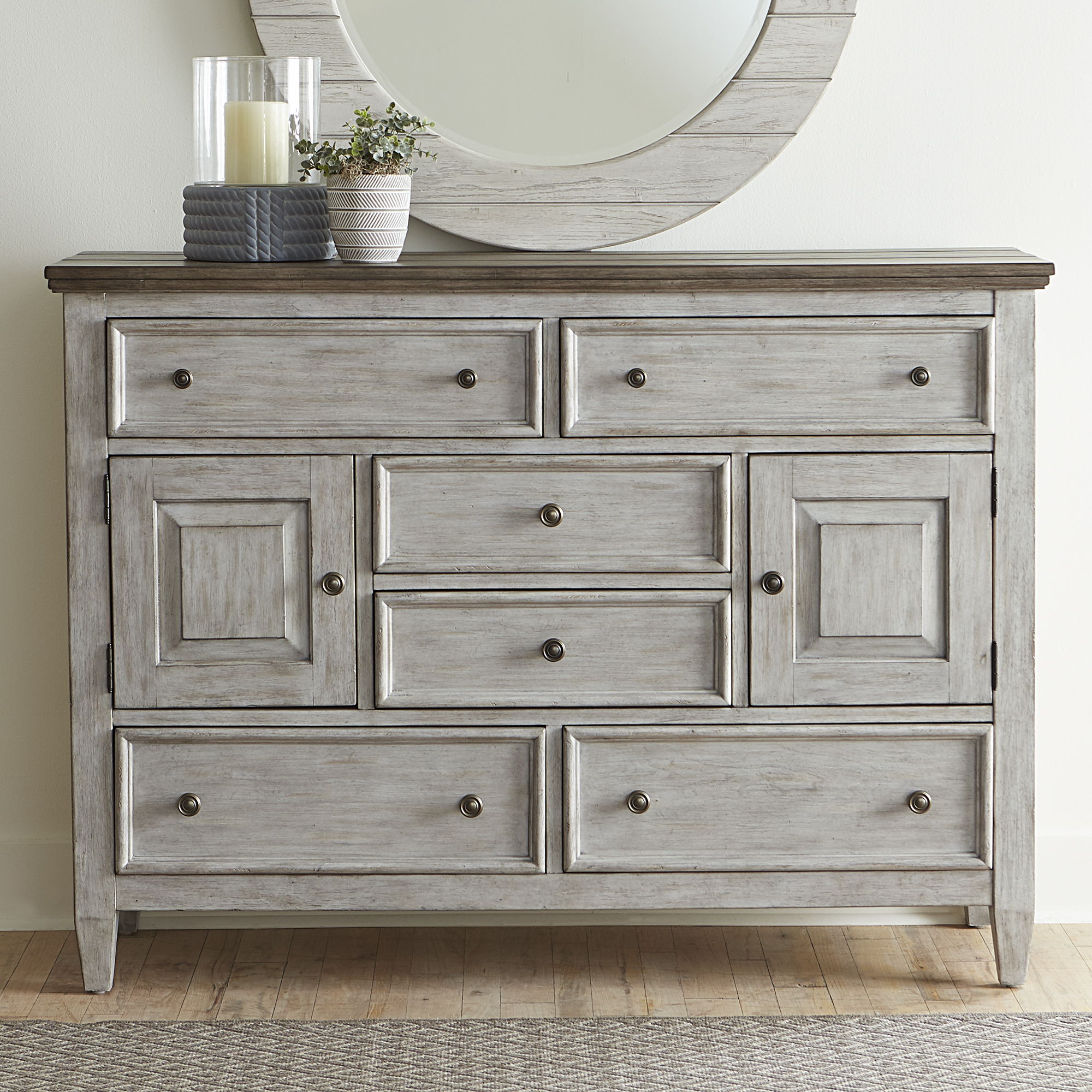 Heartland - 2 Door 6 Drawer Chesser - Antique White / Tobacco Tops
