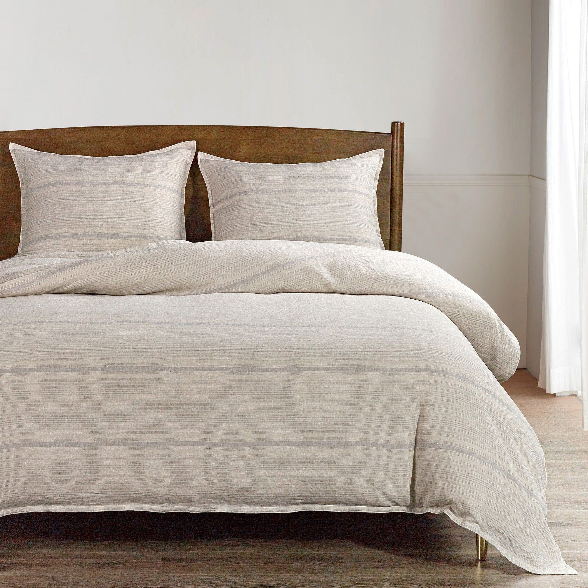 100% French Flax Linen - King Variegated Stripe Duvet Cover Set (Set of 3) - Natural / Light Blue