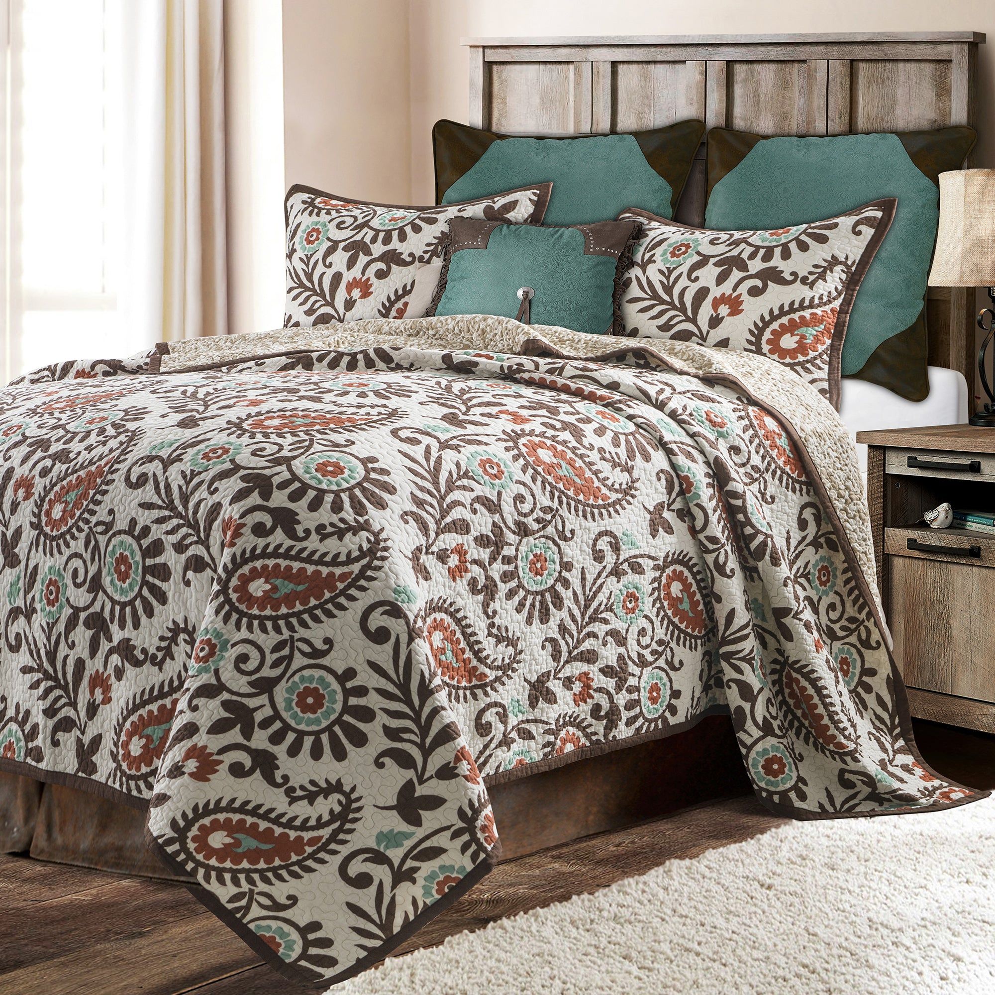 Rebecca - King Paisley Reversible Quilt Set (Set of 3) - Turquoise / Brown