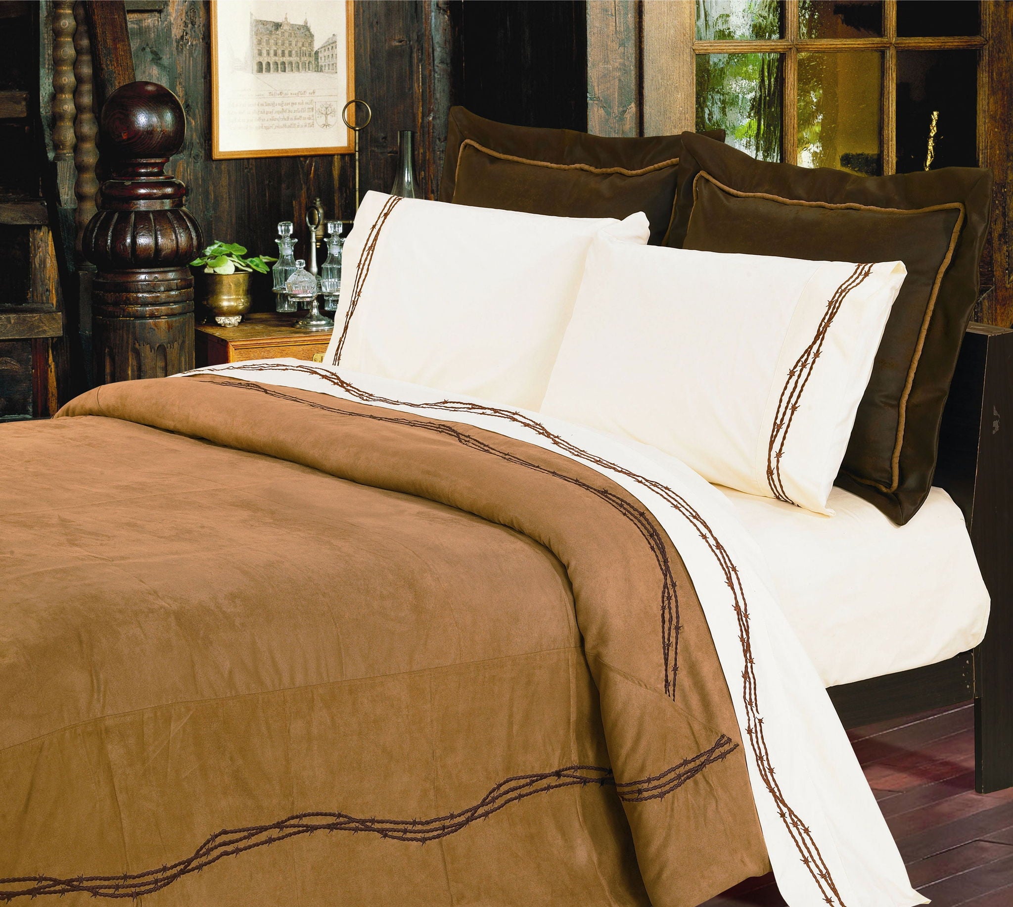 Rustic Barbwire - Queen Barbwire Comforter Set (Set of 7) - Tan
