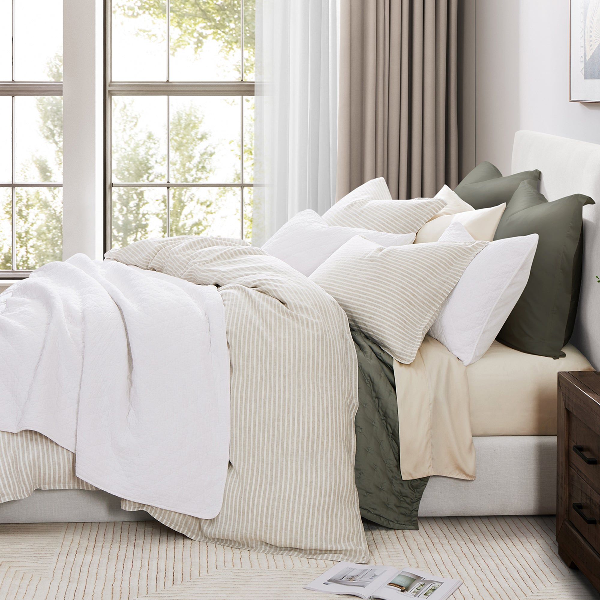100% French Flax Linen - Queen Railroad Stripe Duvet Cover Set (Set of 3) - Natural