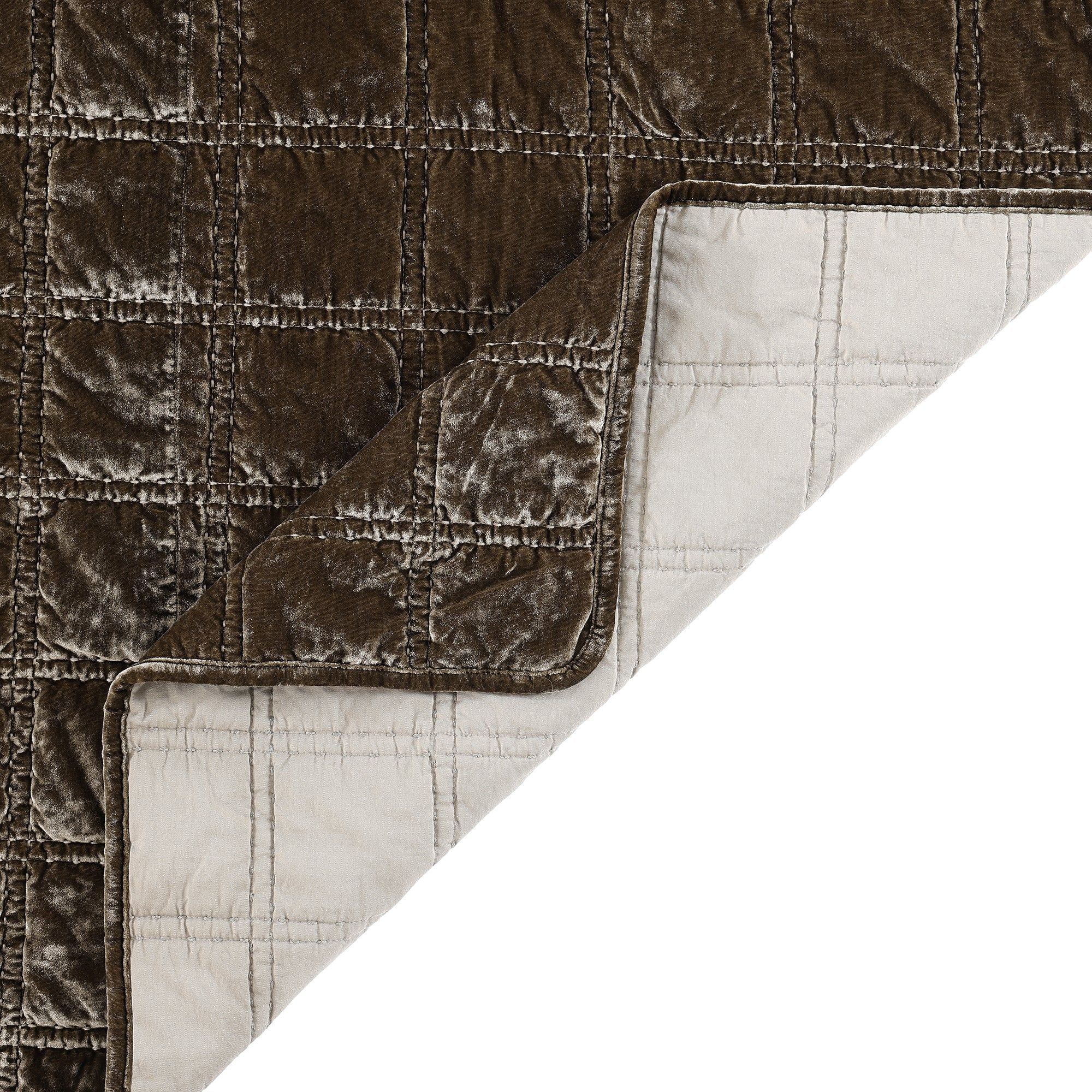 Stella - Full/Queen Faux Silk Velvet Double Box Stitch Quilt Set (Set of 3) - Green Ochre