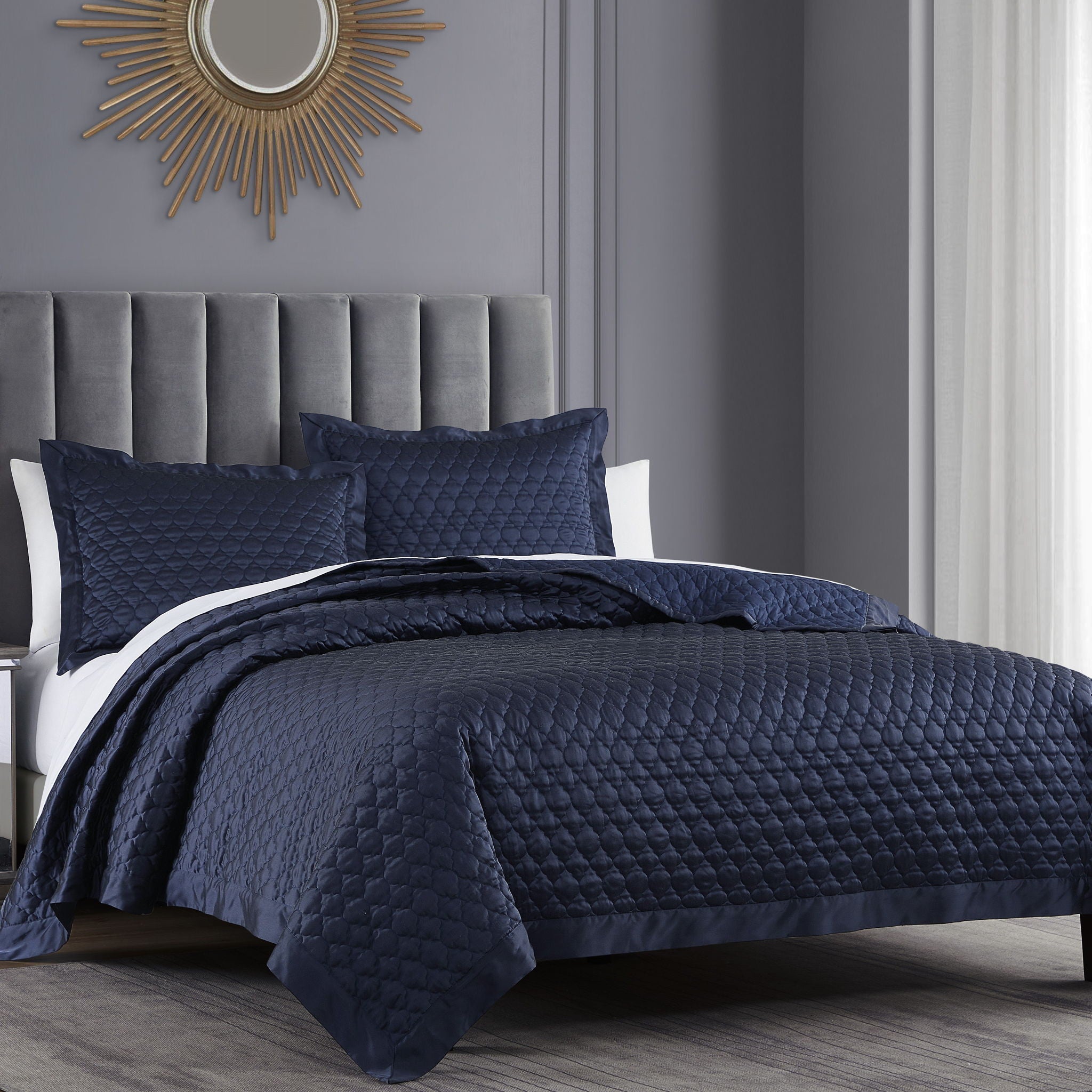 High Shine Satin - King Quatrefoil Quilt Set (Set of 3) - Navy