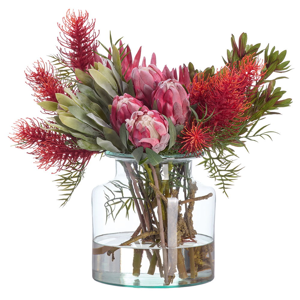 Protea/Banksia in Glass Vase Pink Green