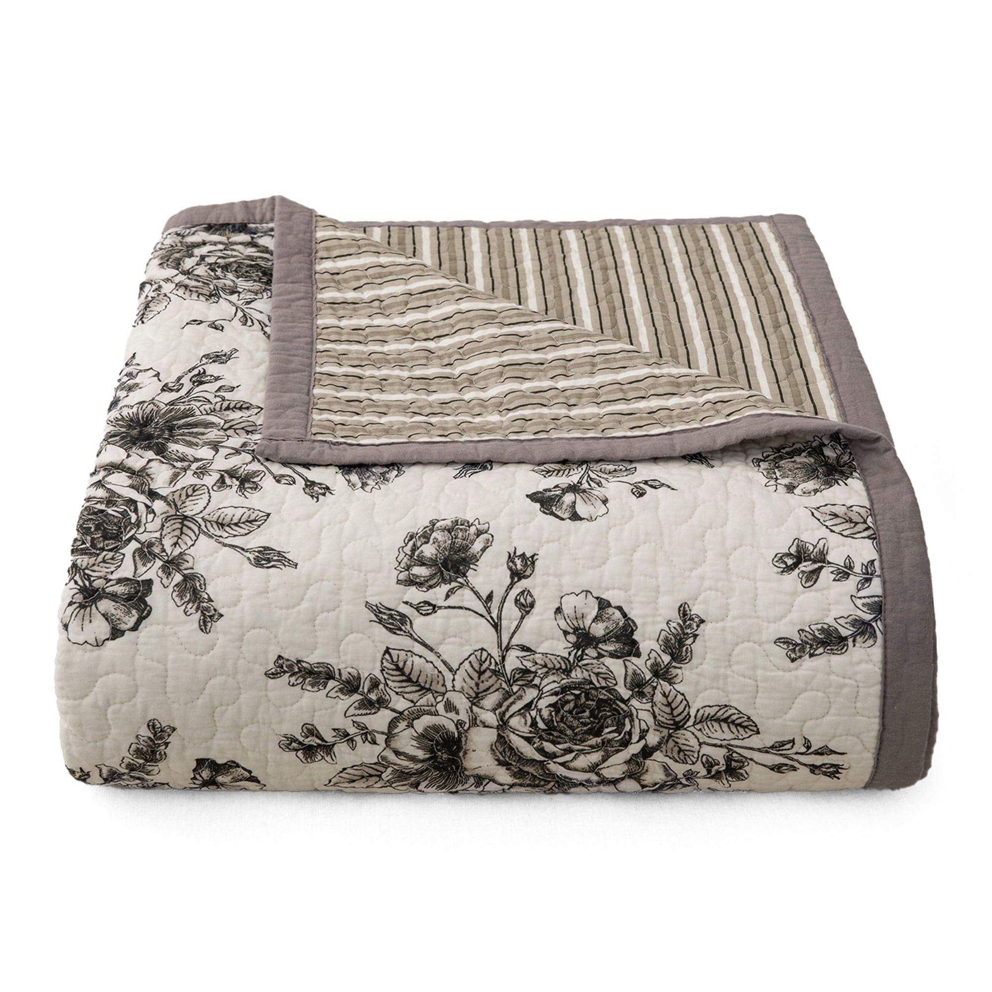 Lyla - King Reversible Floral Print Quilt Set (Set of 3) - White / Brown