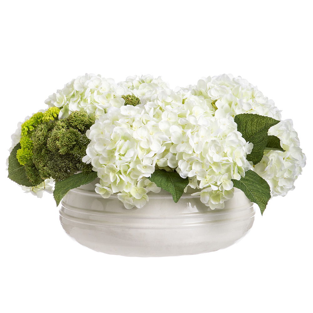 Hydrangea Sedum in Container White Green