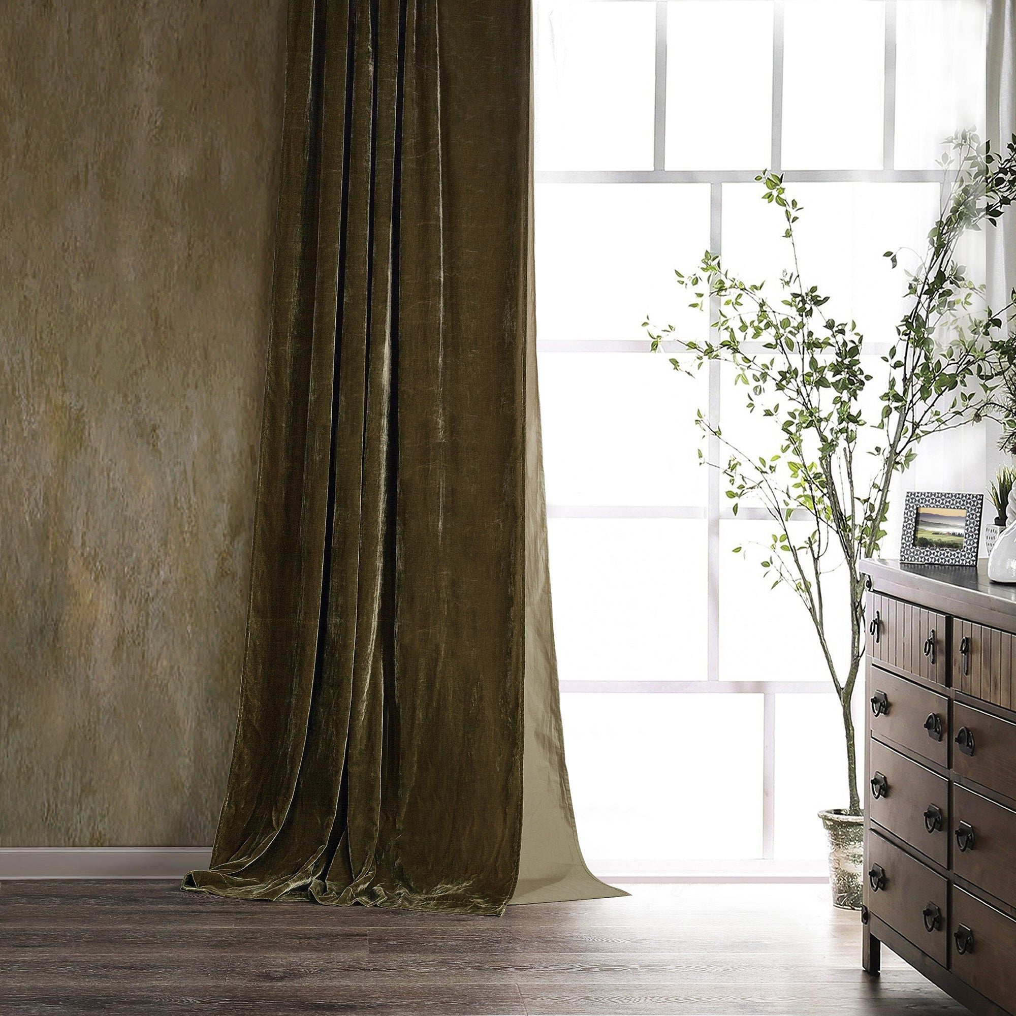 Stella - Faux Silk Velvet Curtain - Green Ochre