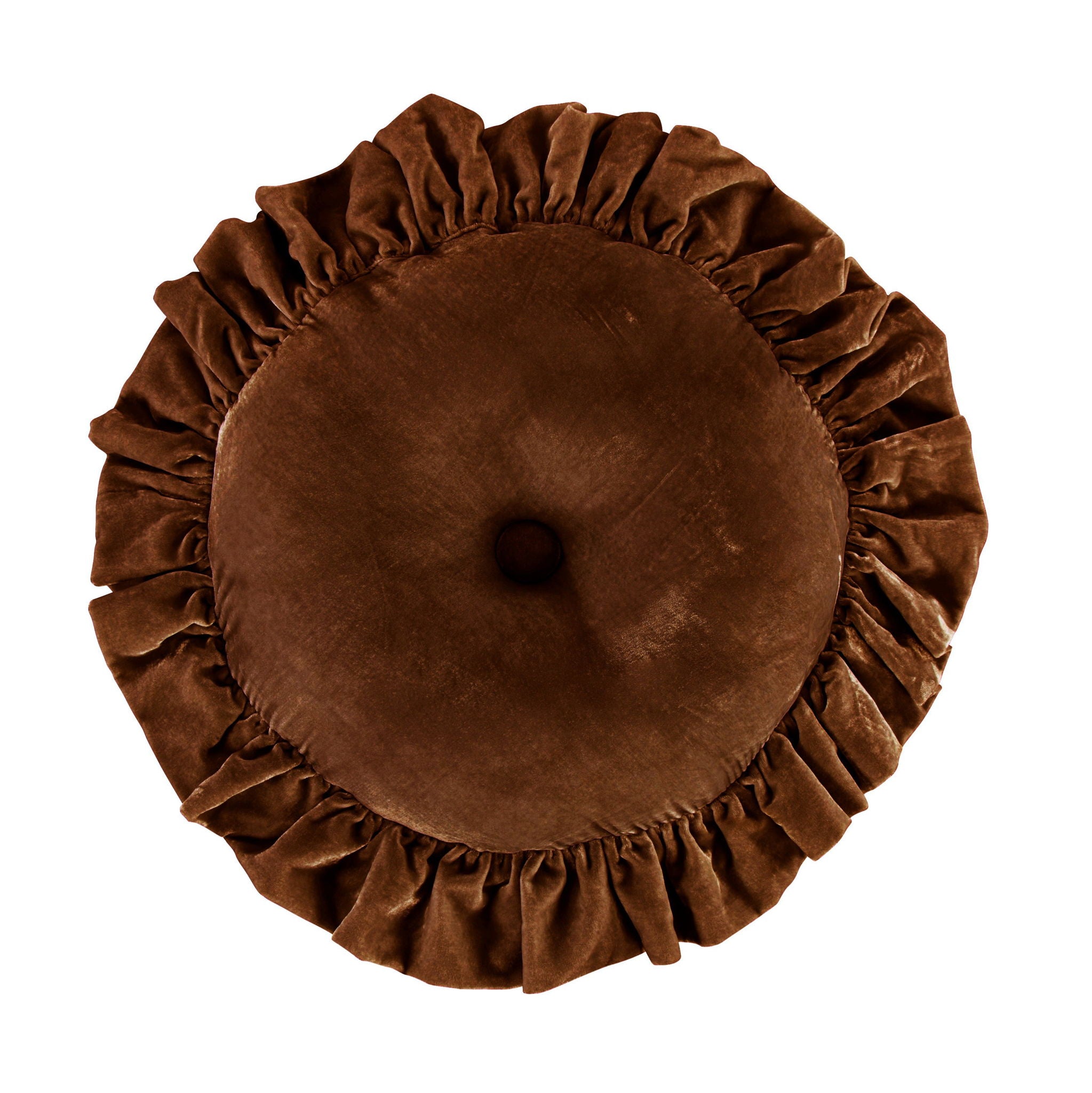 Stella - Faux Silk Velvet Ruffled Round Pillow - Copper Brown