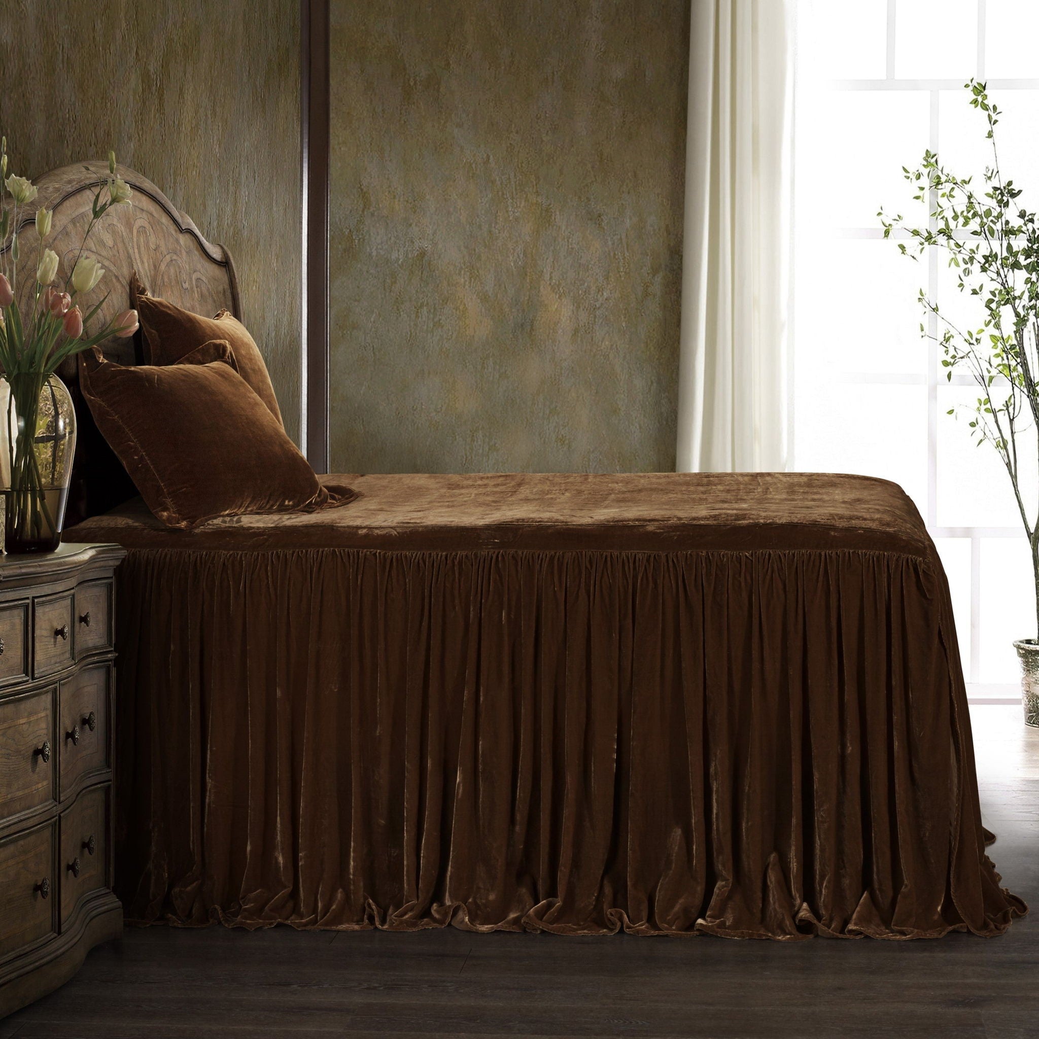 Stella - Twin Faux Silk Velvet Bedspread Set (Set of 2) - Copper Brown
