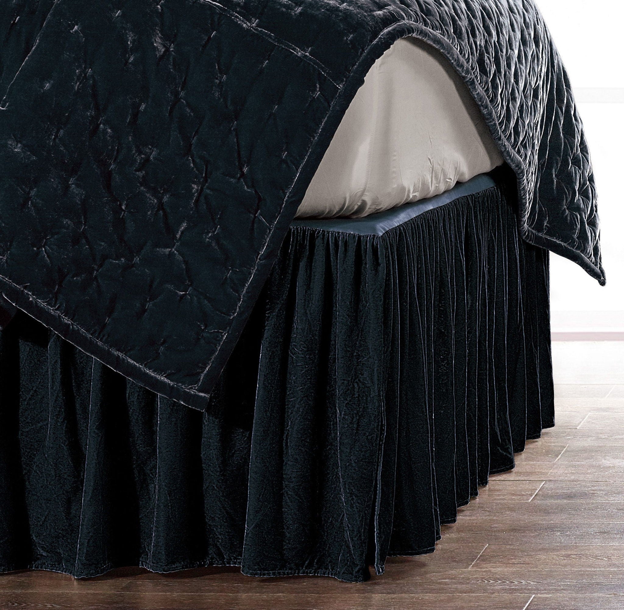 Stella - Queen Faux Silk Velvet Bed Skirt - Midnight Blue