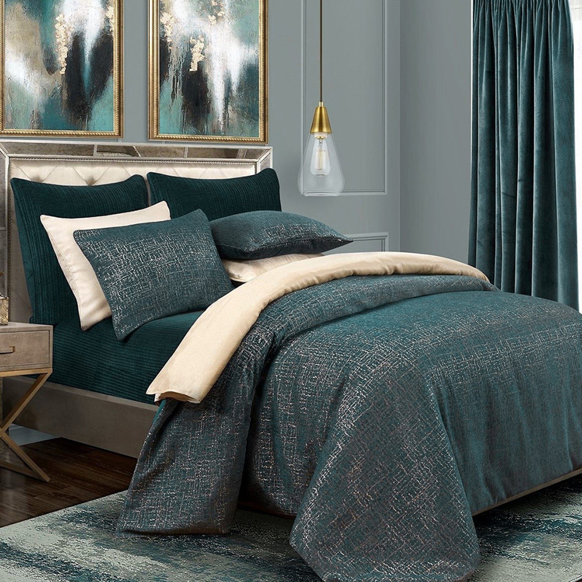 Hayworth - Queen Comforter Set (Set of 3) - Deep Teal / Gold