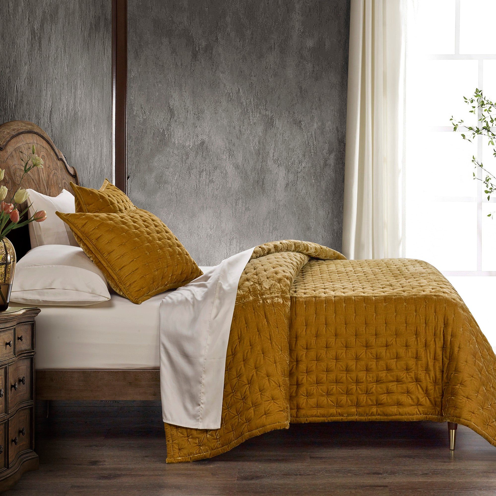 Stella - Full/Queen Faux Silk Velvet Pintuck Quilt - Saffron