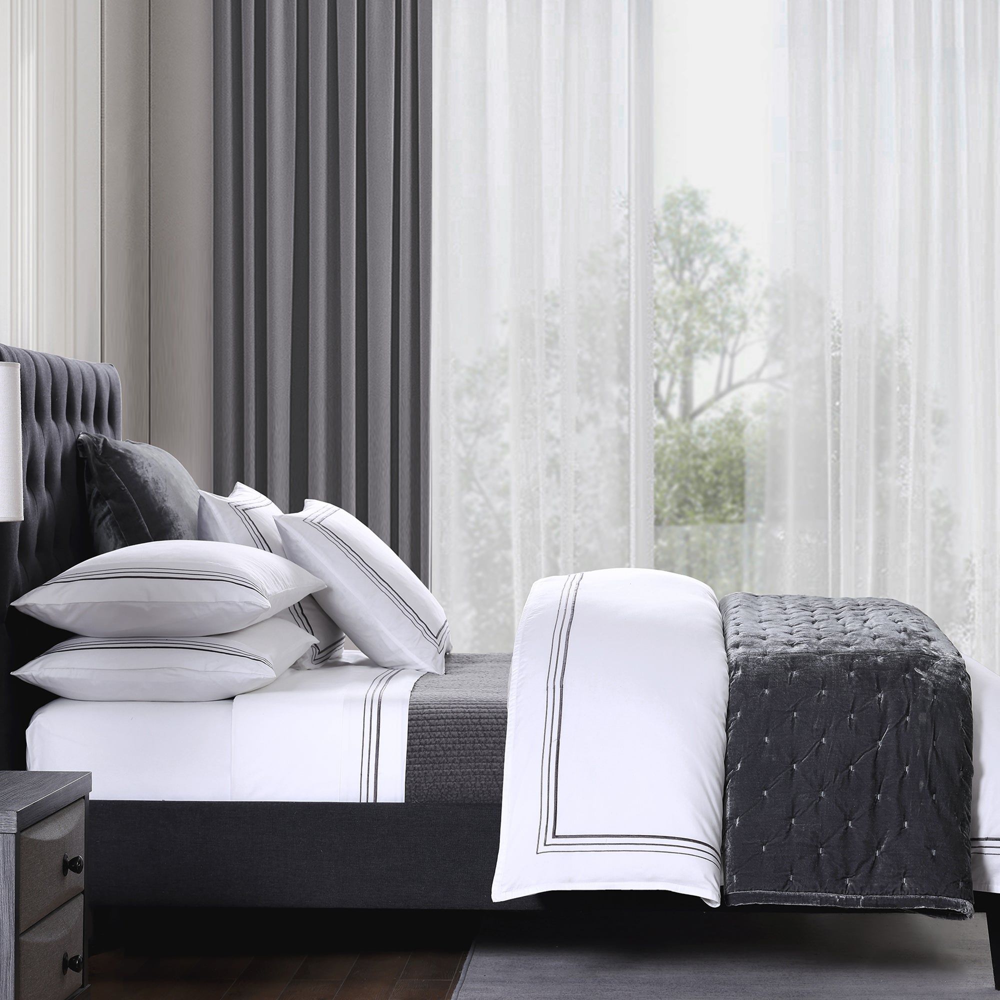 Border Embroidery - King Sheet Set (Set of 4) - Gray