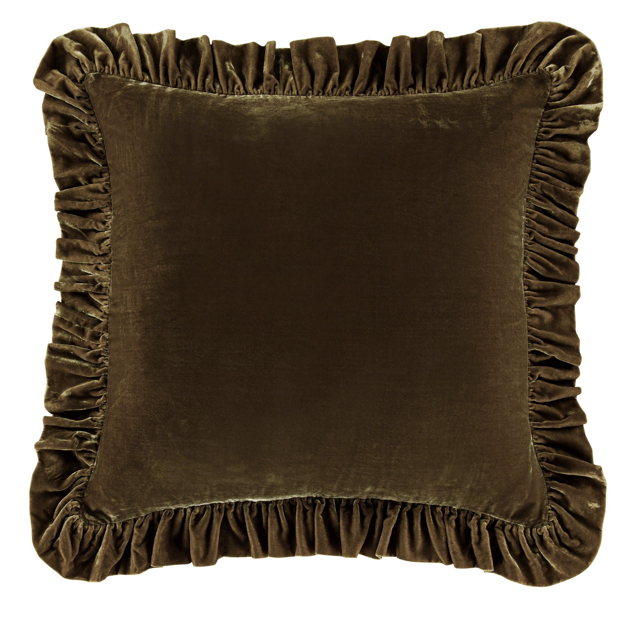 Stella - Faux Silk Velvet Ruffled Euro Sham - Green Ochre