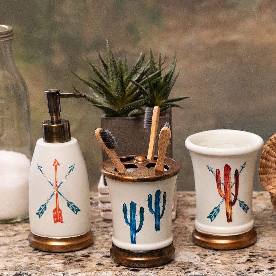 Saguaro Cactus - Cactus Ceramic Countertop Bathroom Set (Set of 3), 4 Per Carton - White / Brown