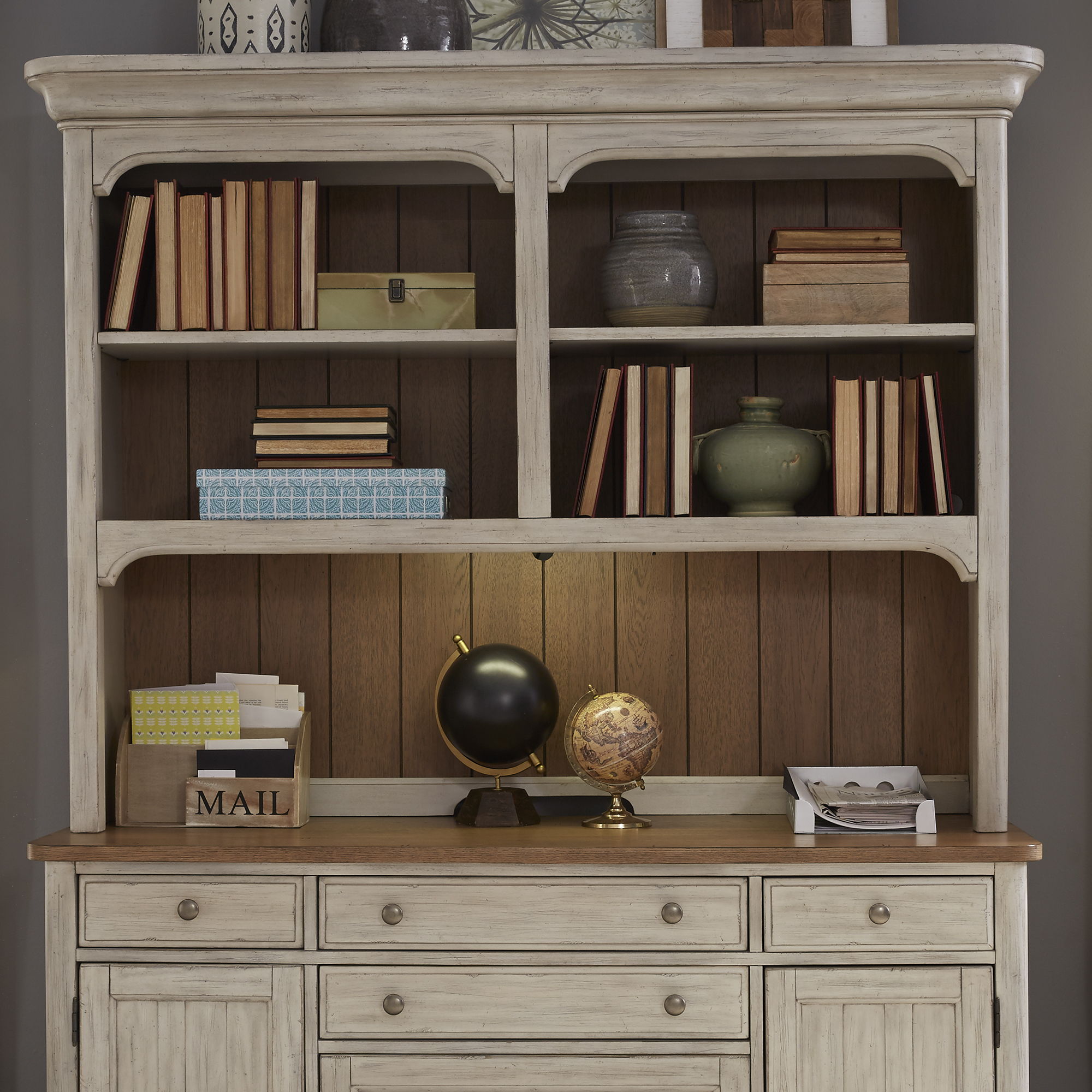 Farmhouse Reimagined - Credenza Hutch - Antique White / Chestnut Tops