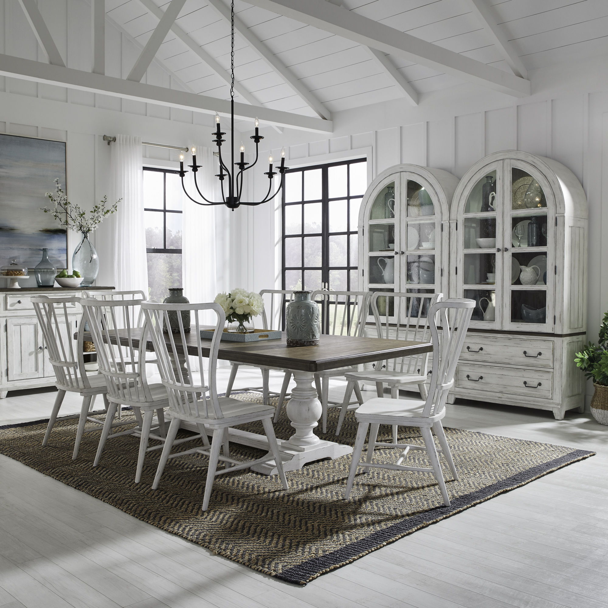 River Place - 9 Piece Trestle Table Set - Riverstone White & Tobacco