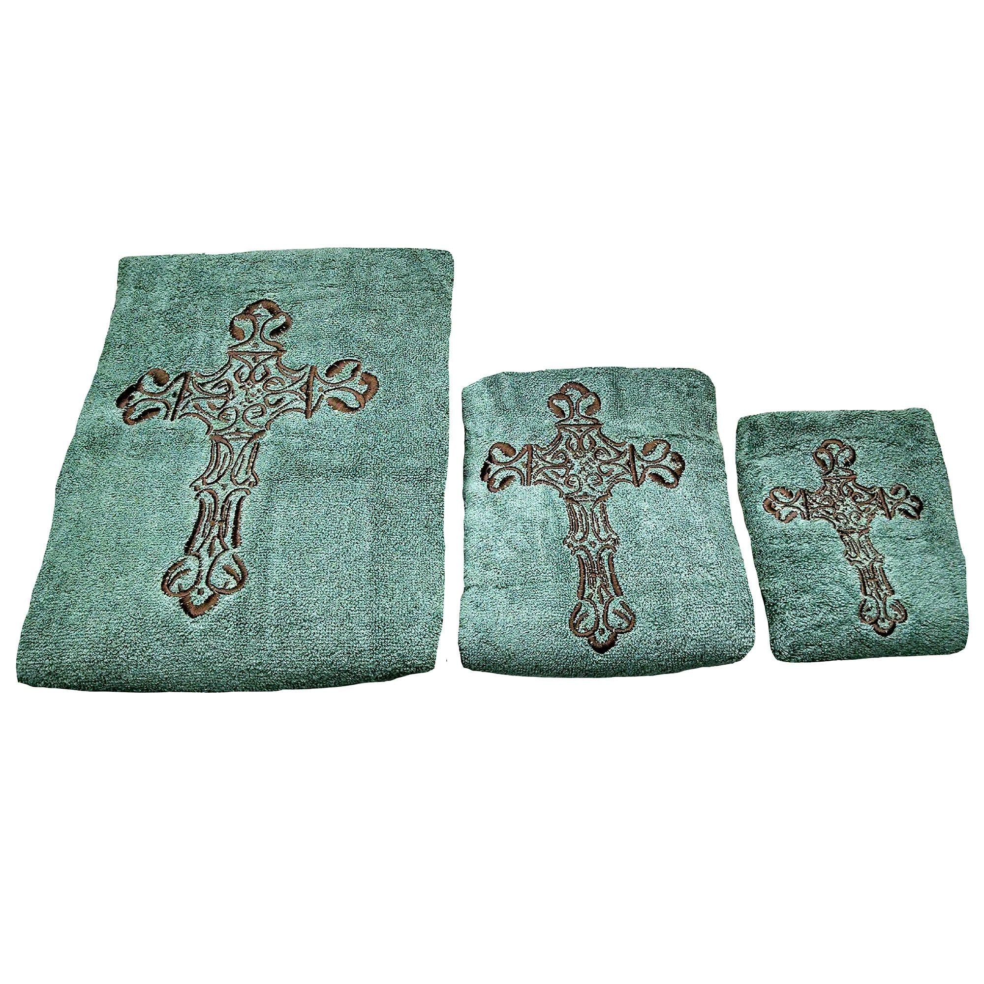 Western Cross - Embroidered Cross Towel Set (Set of 3), 2 Per Carton - Turquoise