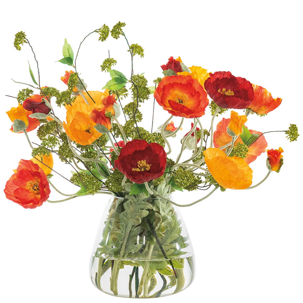 Large Mixed Poppies in Glass Vase Orange Red