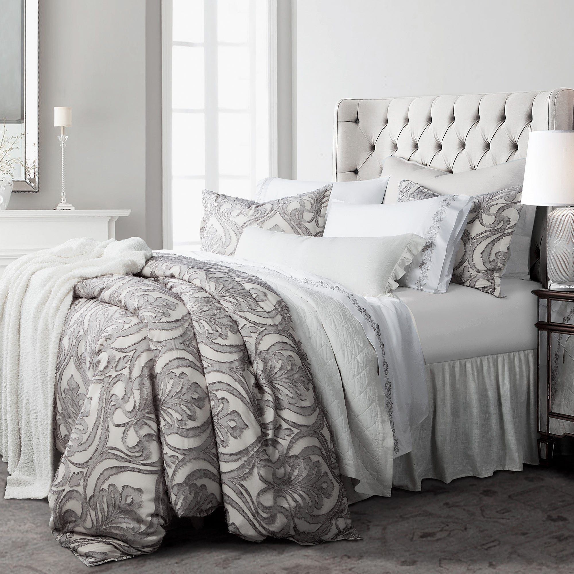 Nicole - King Damask Duvet Cover Set (Set of 3) - Gray