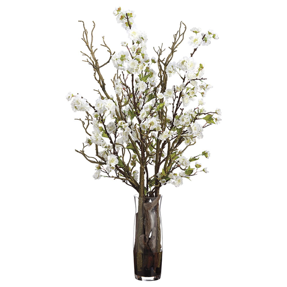 Cherry Blossom with Twigs in Glass Vase White