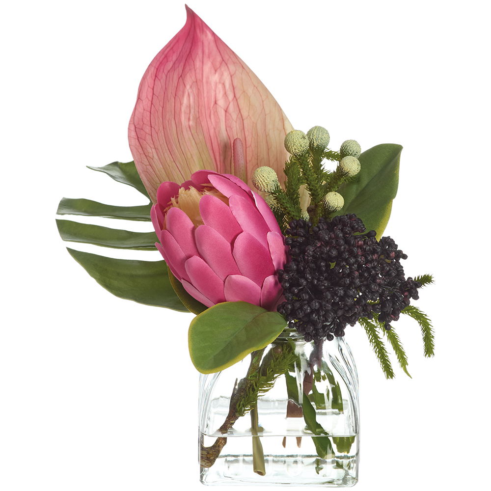 Protea/Anthurium/Philo Lf/Sedum in Glass Vase Pink Gr