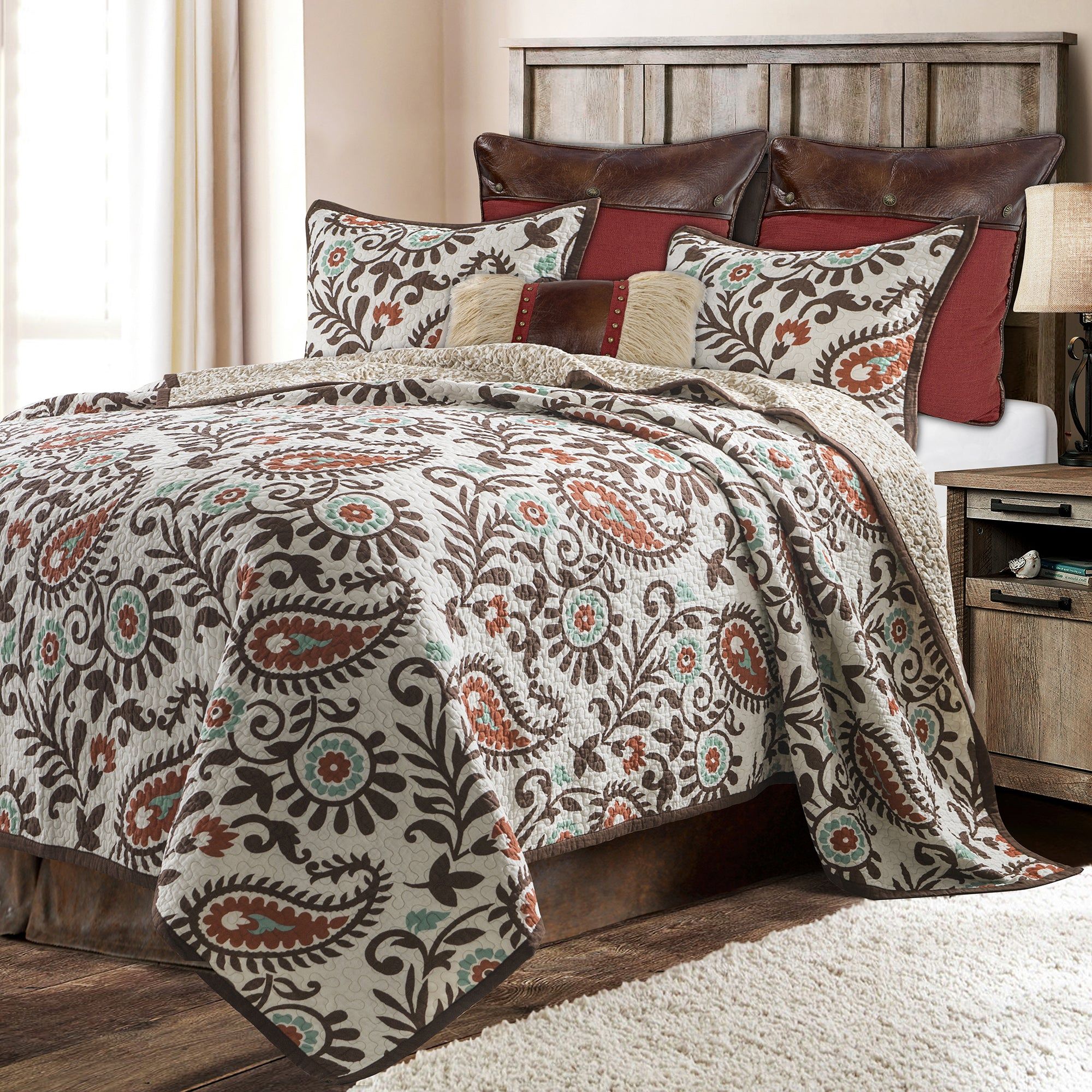 Rebecca - King Paisley Reversible Quilt Set (Set of 3) - Turquoise / Brown