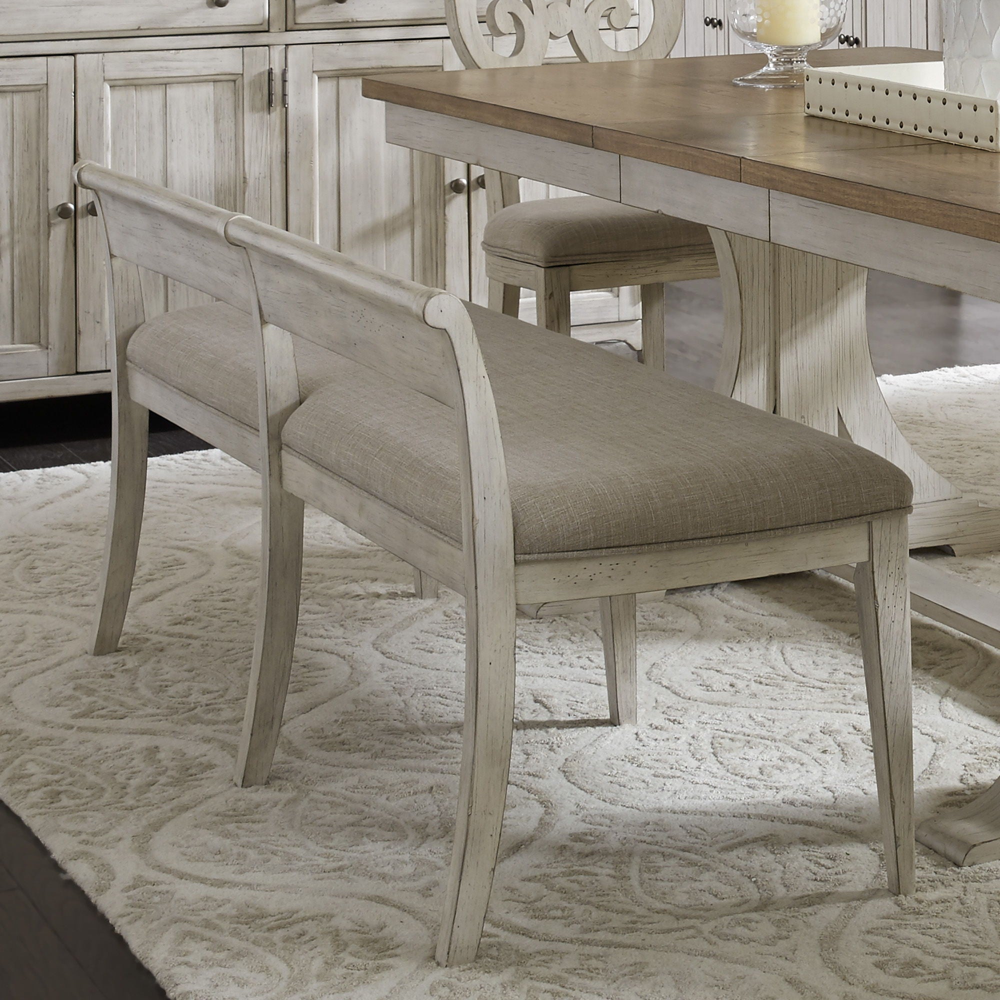 Farmhouse Reimagined - Upholstered Bench - Antique White / Chestnut Tops