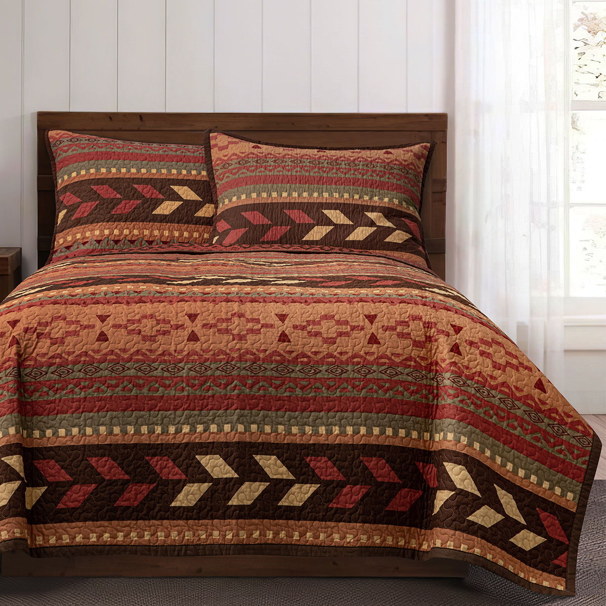 Broken Arrow - Full/Queen Reversible Quilt Set (Set of 3) - Red / Tan / Brown