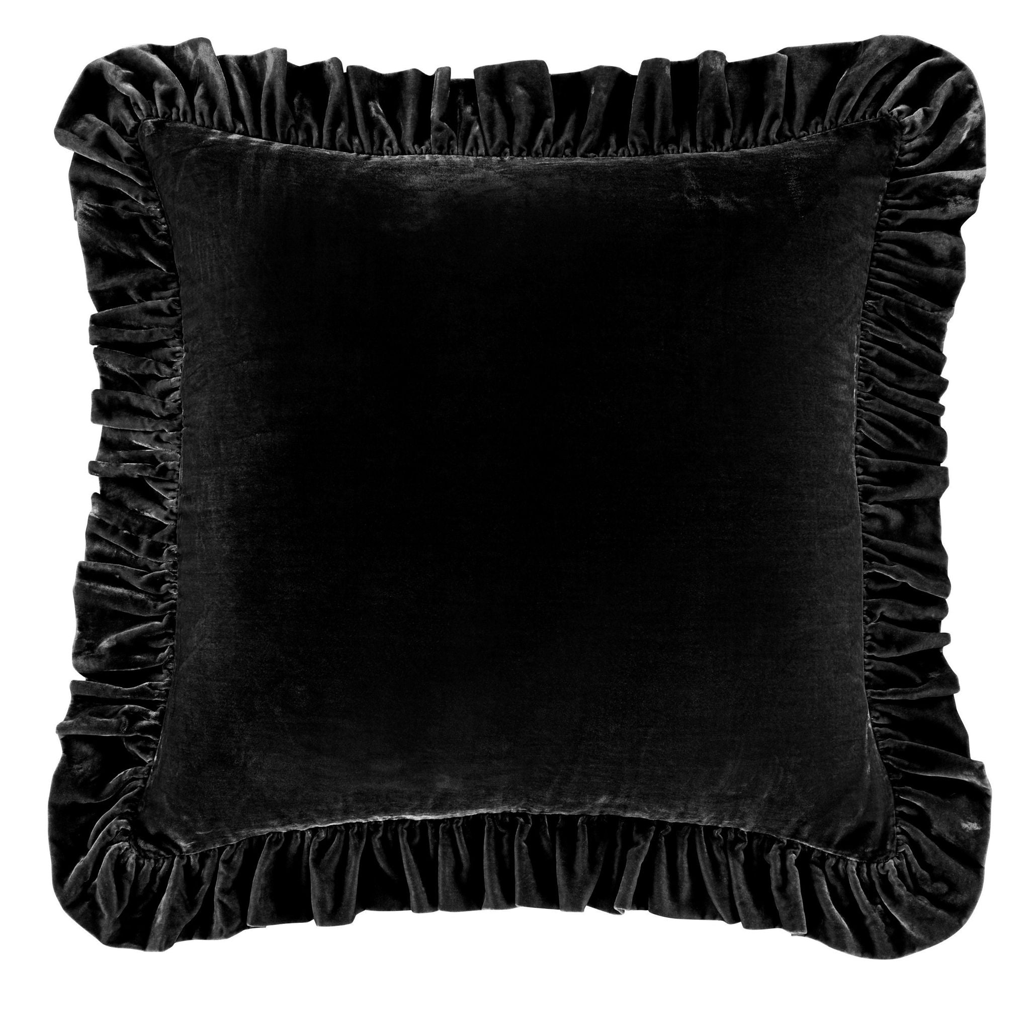 Stella - Faux Silk Velvet Ruffled Euro Sham - Black