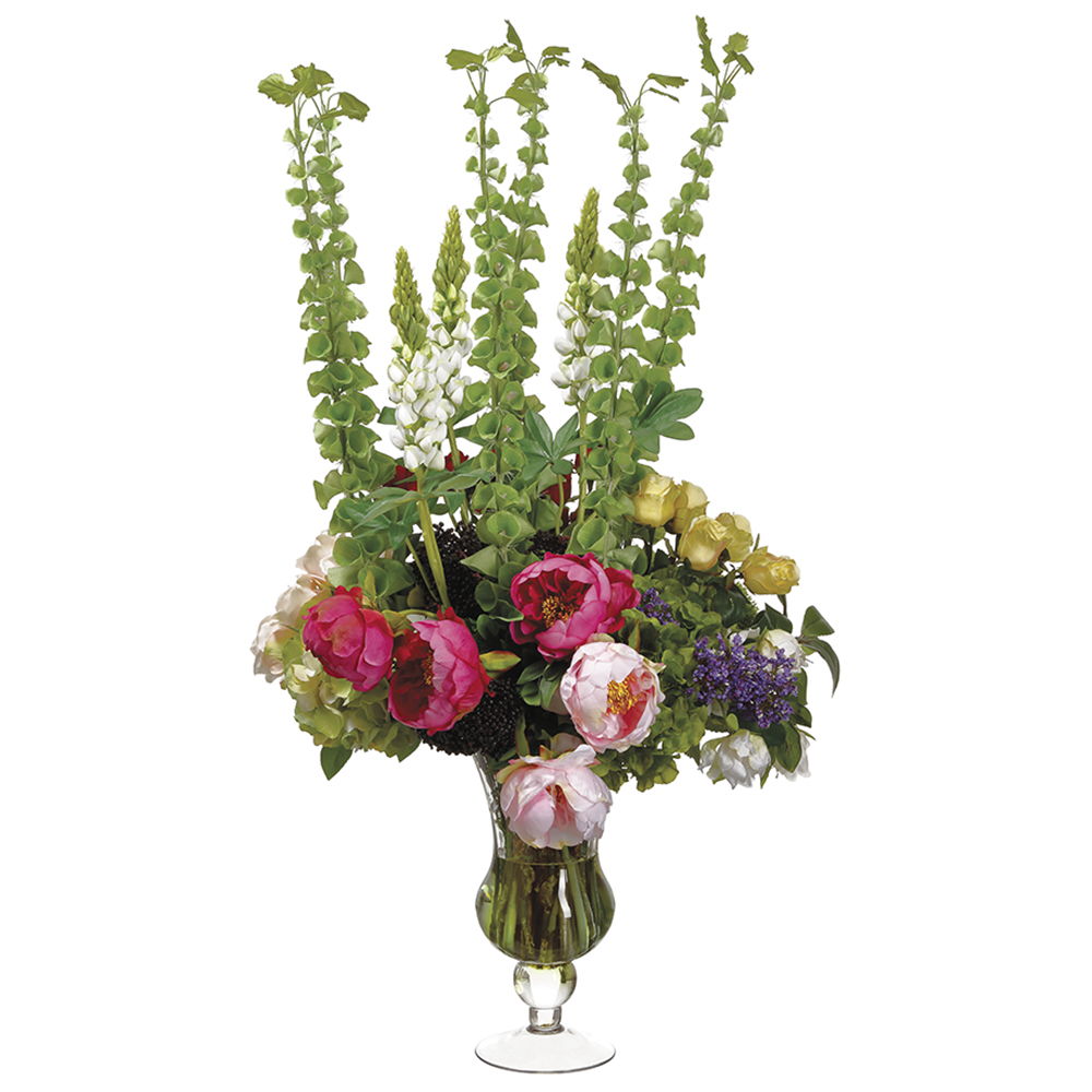 Rose/Peony/Bells of Ireland Mix in Glass Vase Green