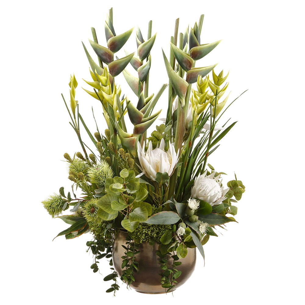 Heliconia/Protea in Planter Green Cream