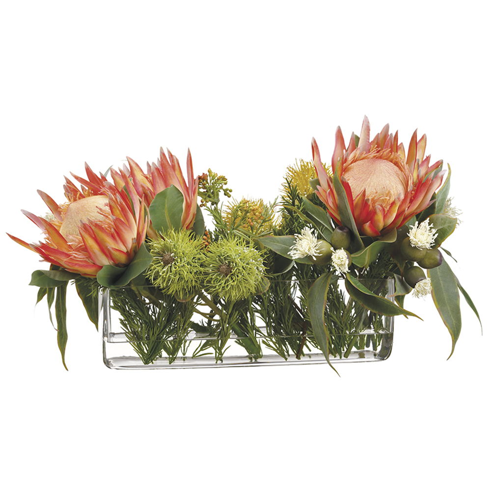 Protea/Eucalyptus in Glass Vase Orange