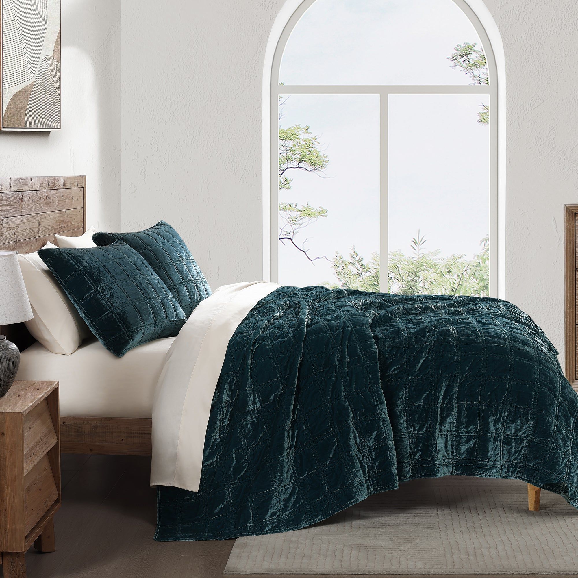 Stella - Full/Queen Faux Silk Velvet Double Box Stitch Quilt Set (Set of 3) - Storm Blue