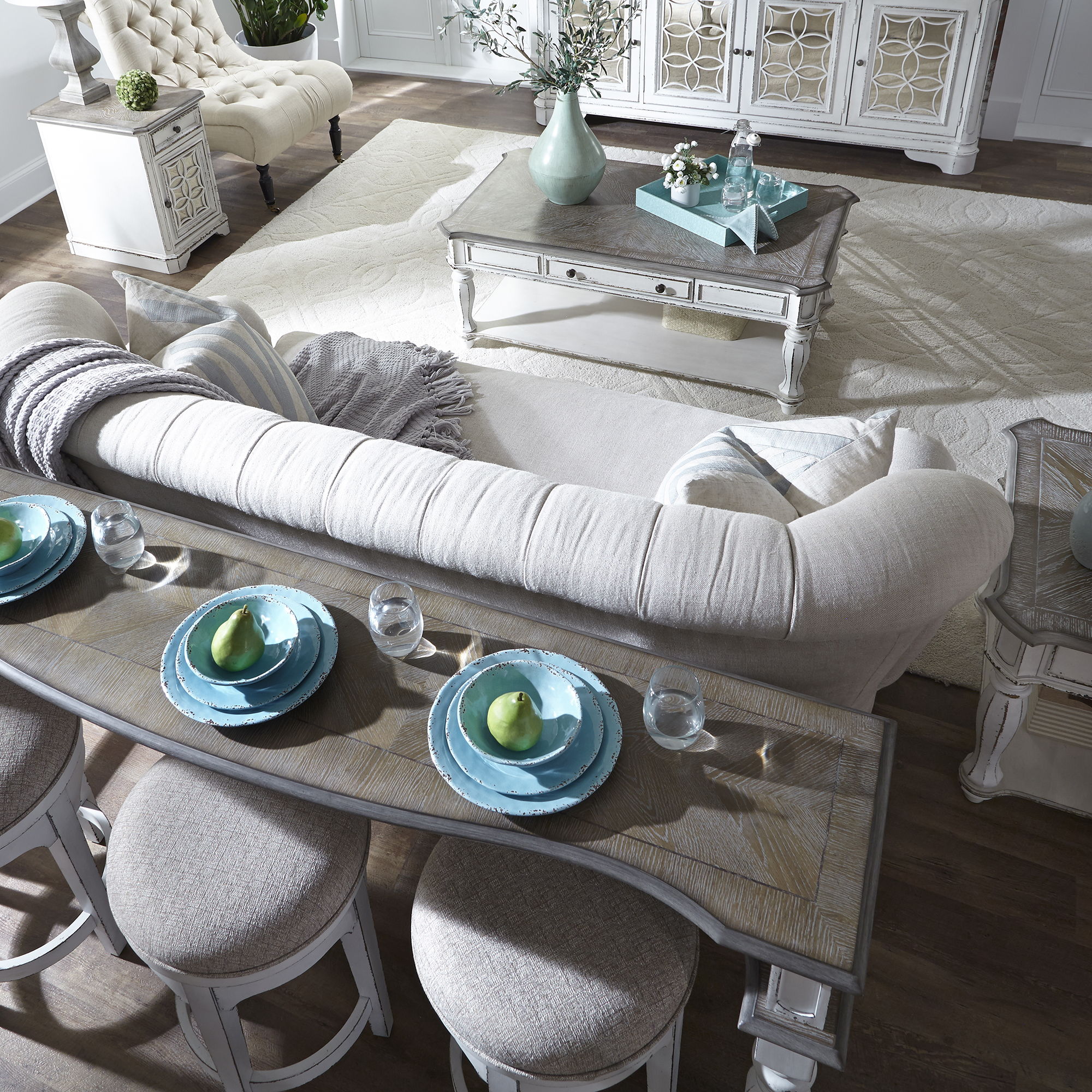 Magnolia Manor - 4 Piece Console Set (1 Console 3 Stools) - Antique White