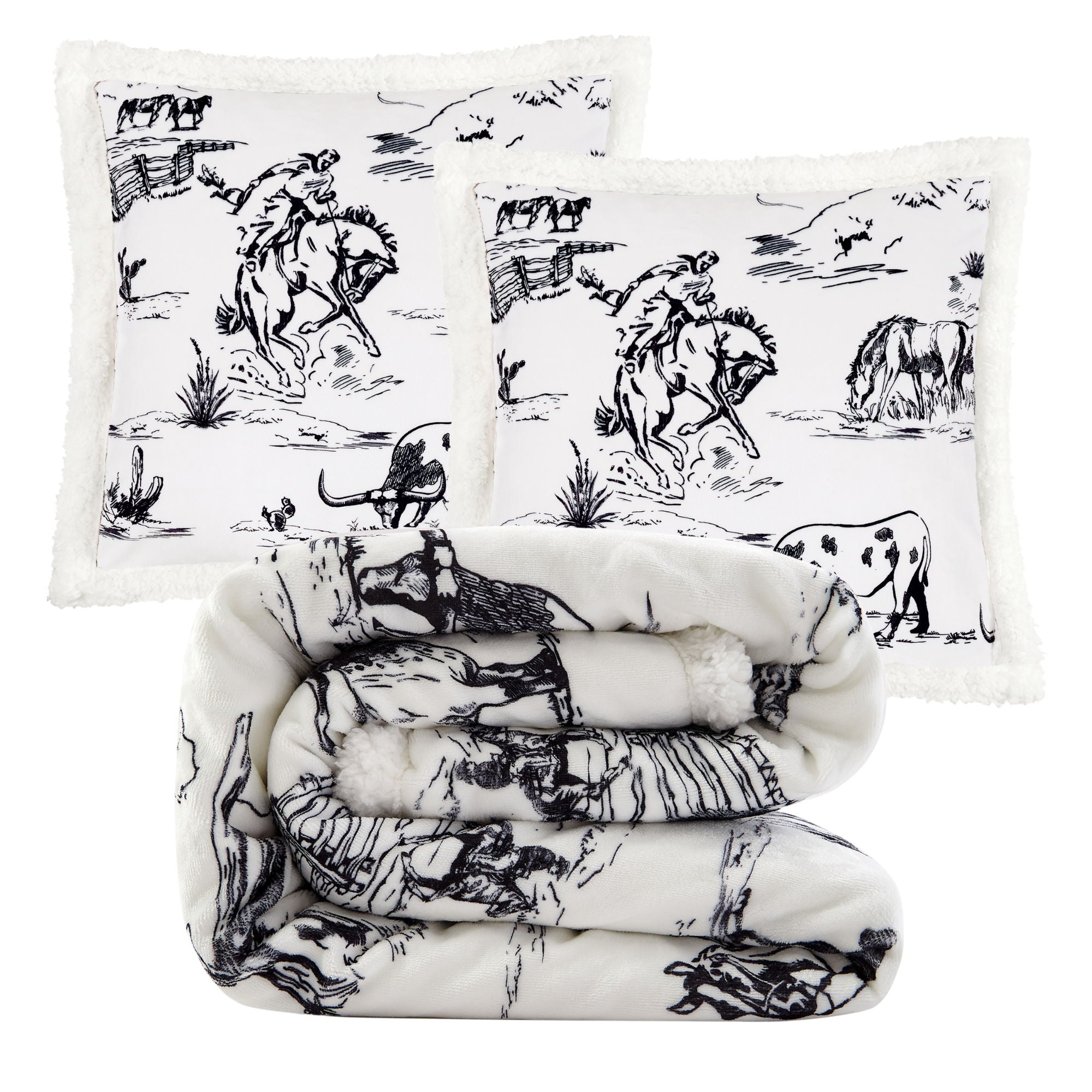 Campfire - Ranch Life Western Toile Campfire Sherpa Throw Set (Set of 3) - Black
