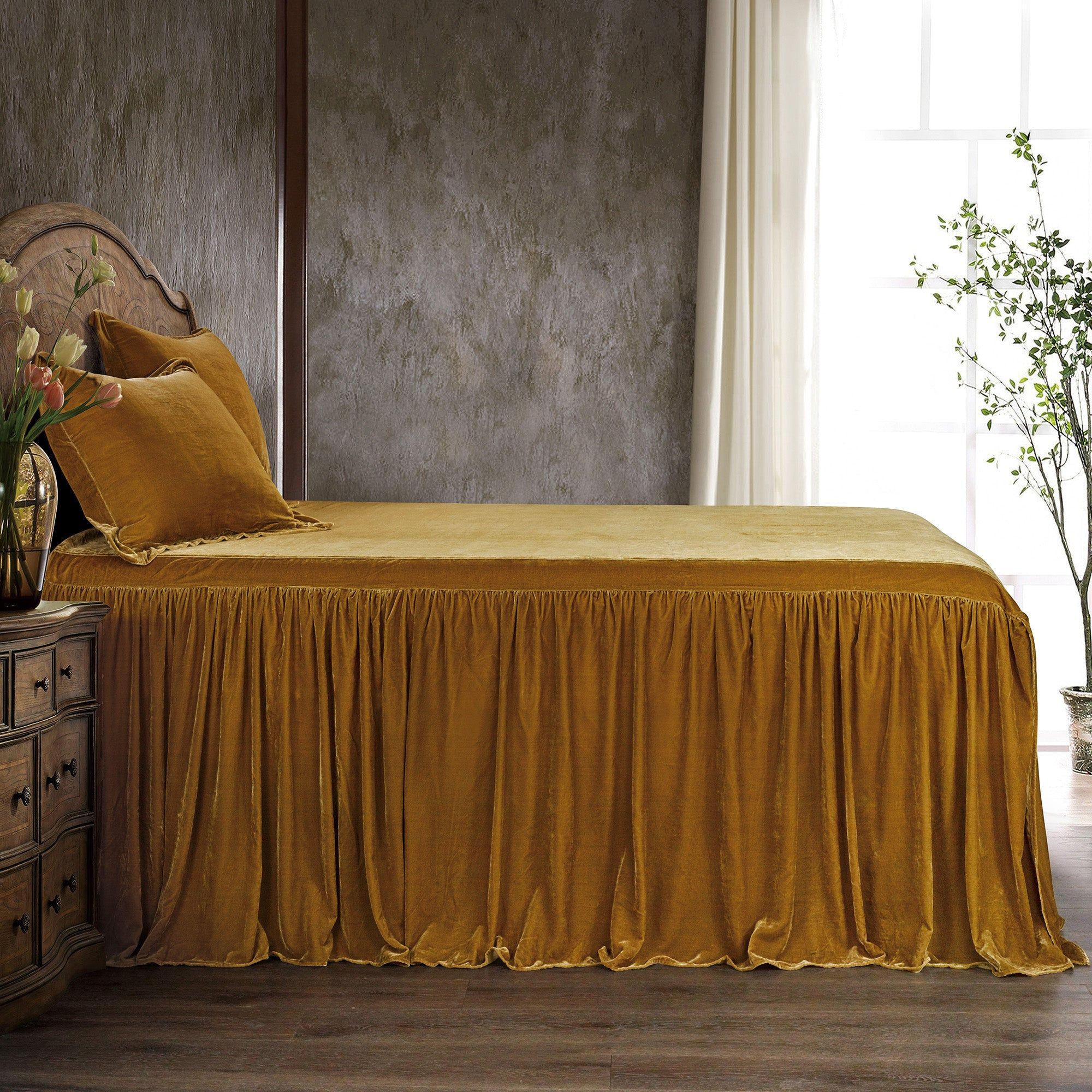Stella - Twin Faux Silk Velvet Bedspread Set (Set of 2) - Saffron