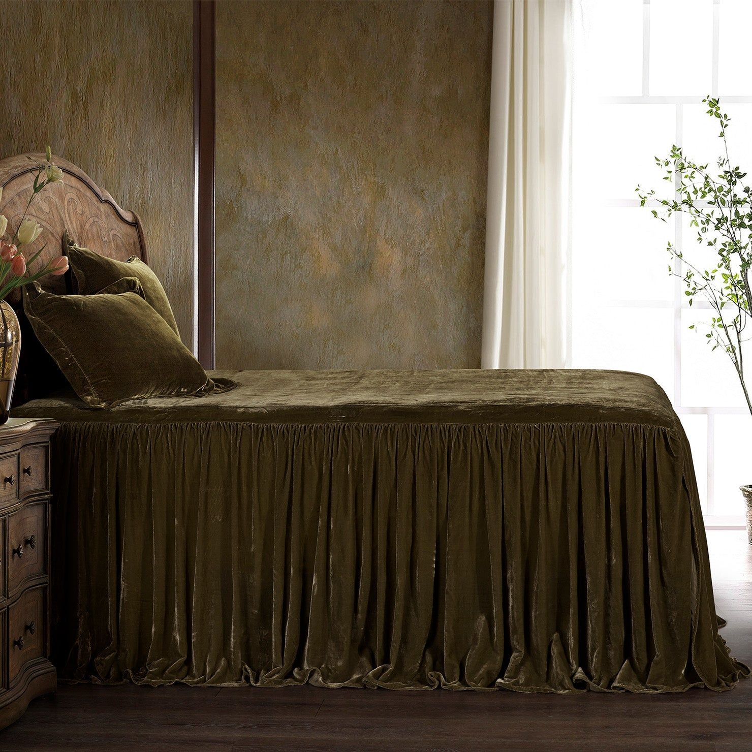 Stella - Twin Faux Silk Velvet Bedspread Set (Set of 2) - Green Ochre