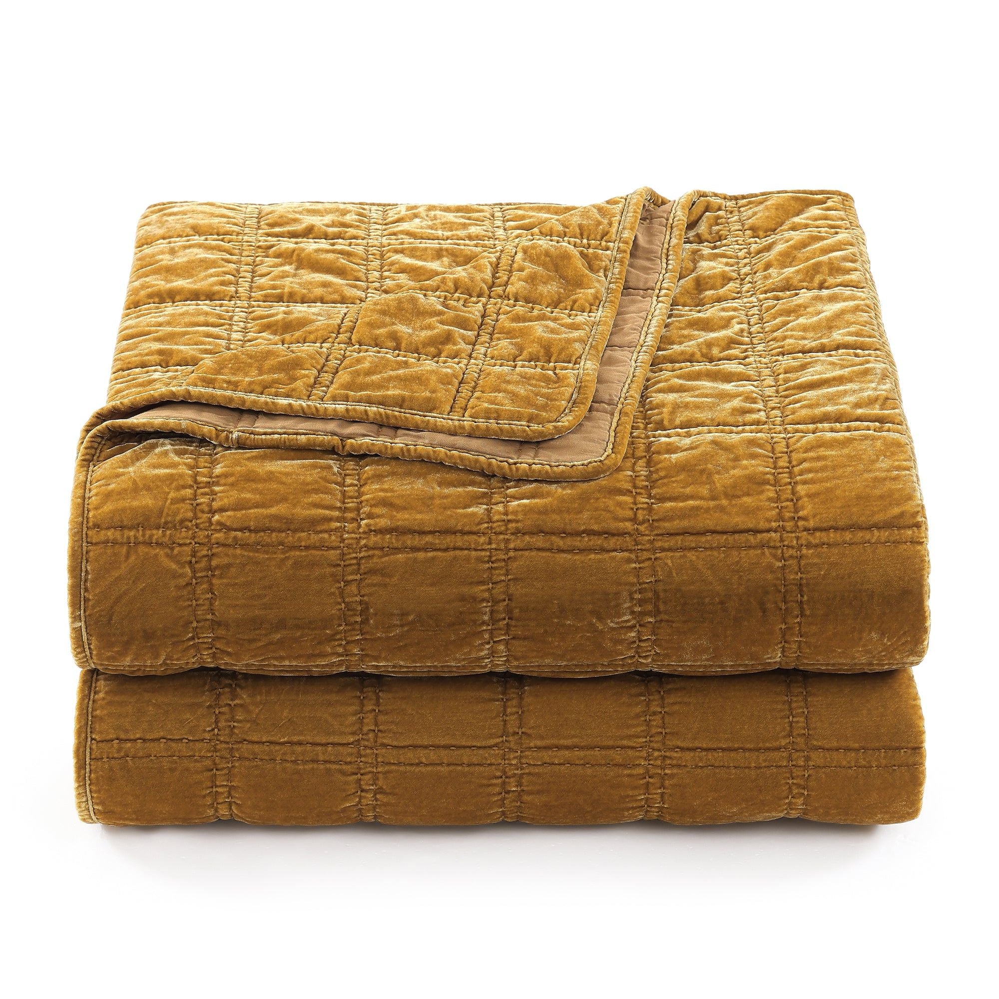 Stella - Full/Queen Faux Silk Velvet Double Box Stitch Quilt Set (Set of 3) - Saffron