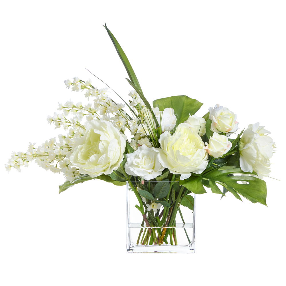 arkspur/Peony/Rose Arrangmt in Glass Vase Cream White