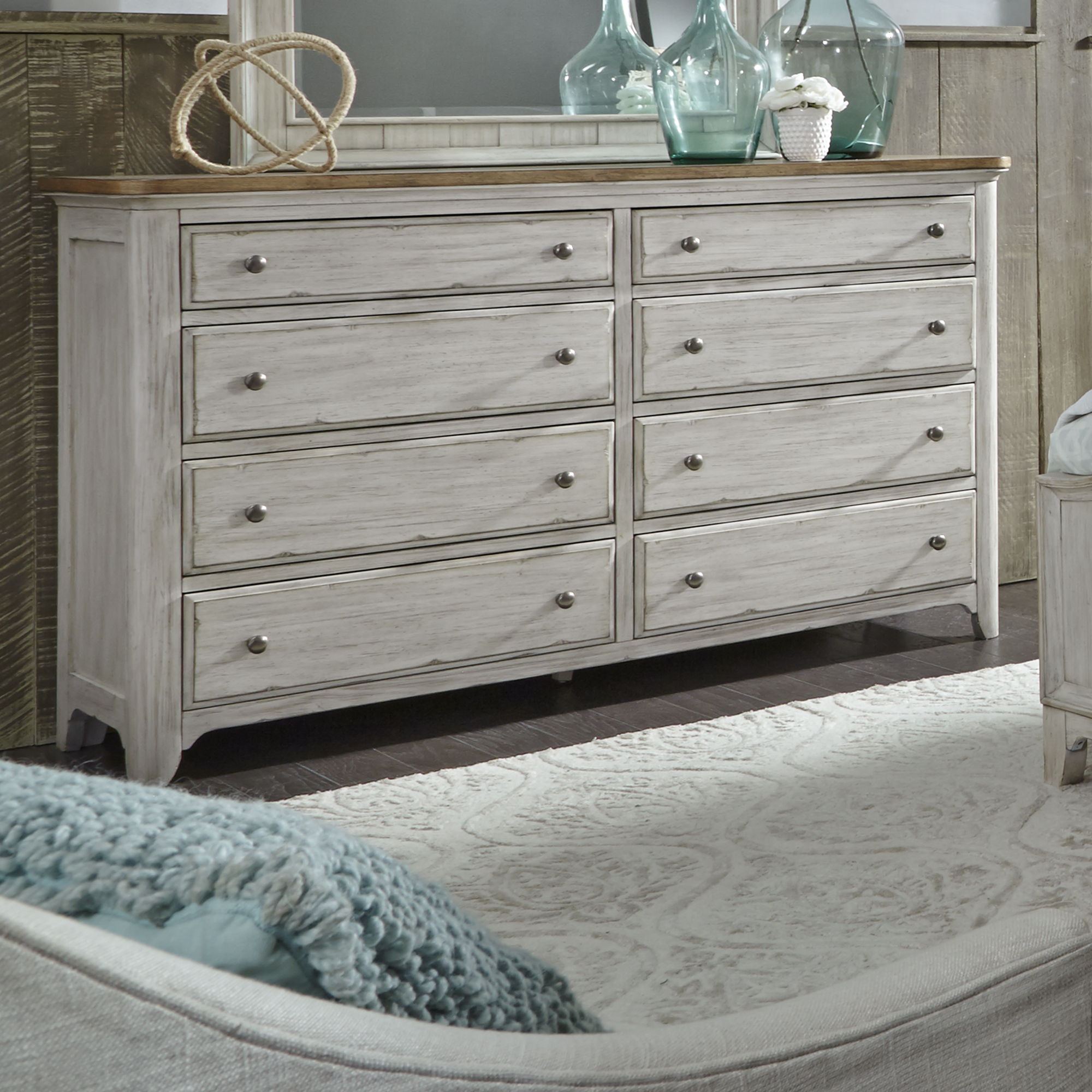 Farmhouse Reimagined - 8 Drawer Dresser - Antique White / Chestnut Tops