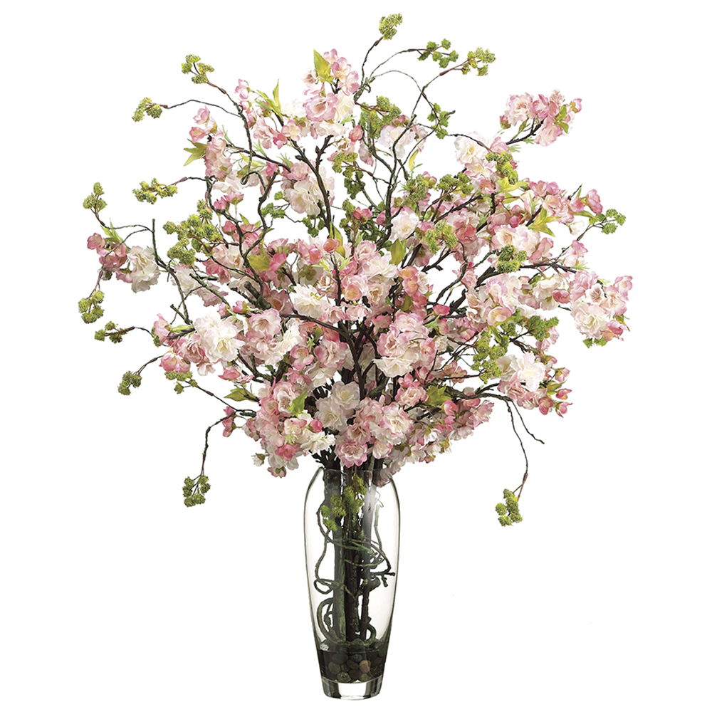 Cherry Blossom in Glass Vase Pink Green