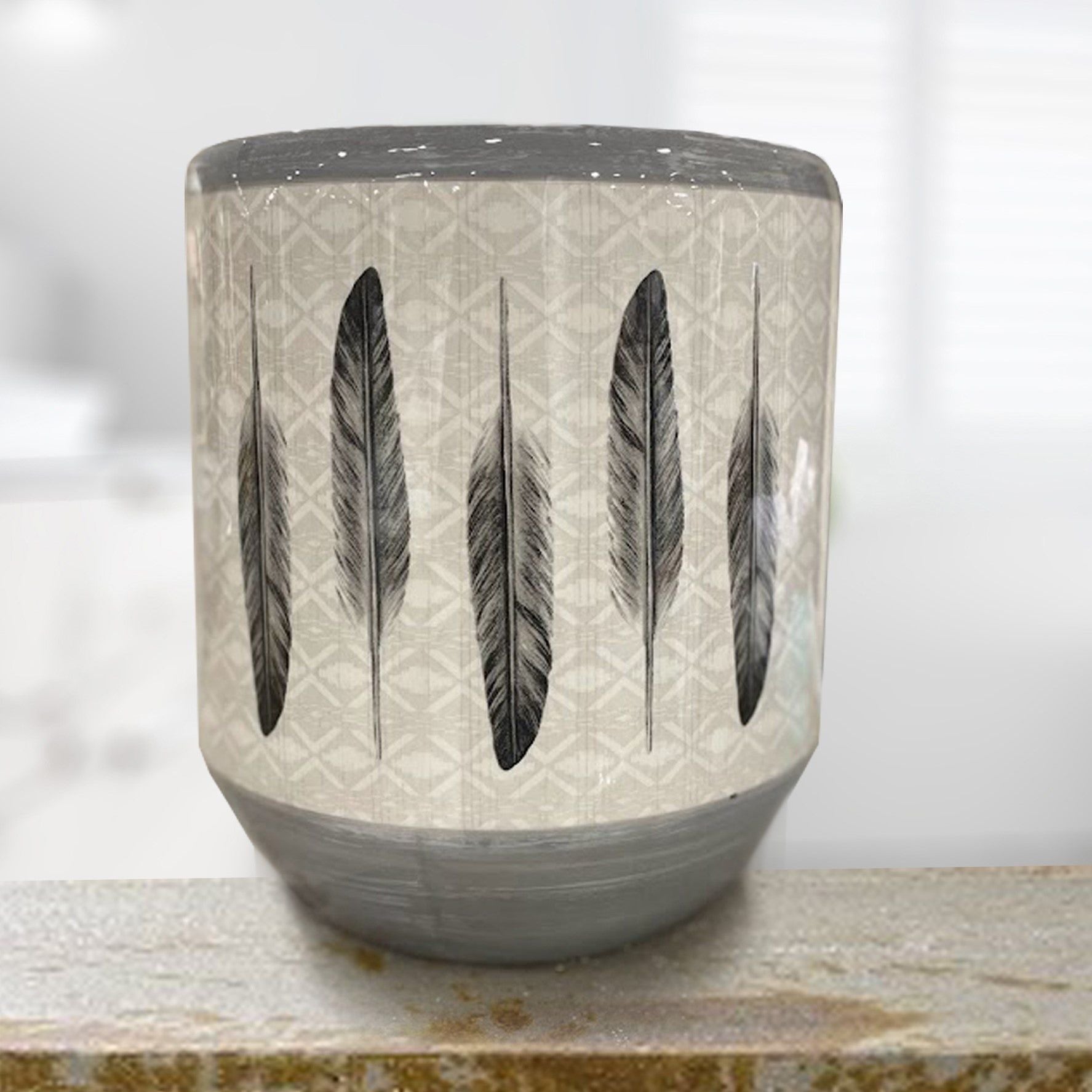 Tossed Feather - Feather Design Ceramic Wastebasket, 2 Per Carton - Cream / Gray