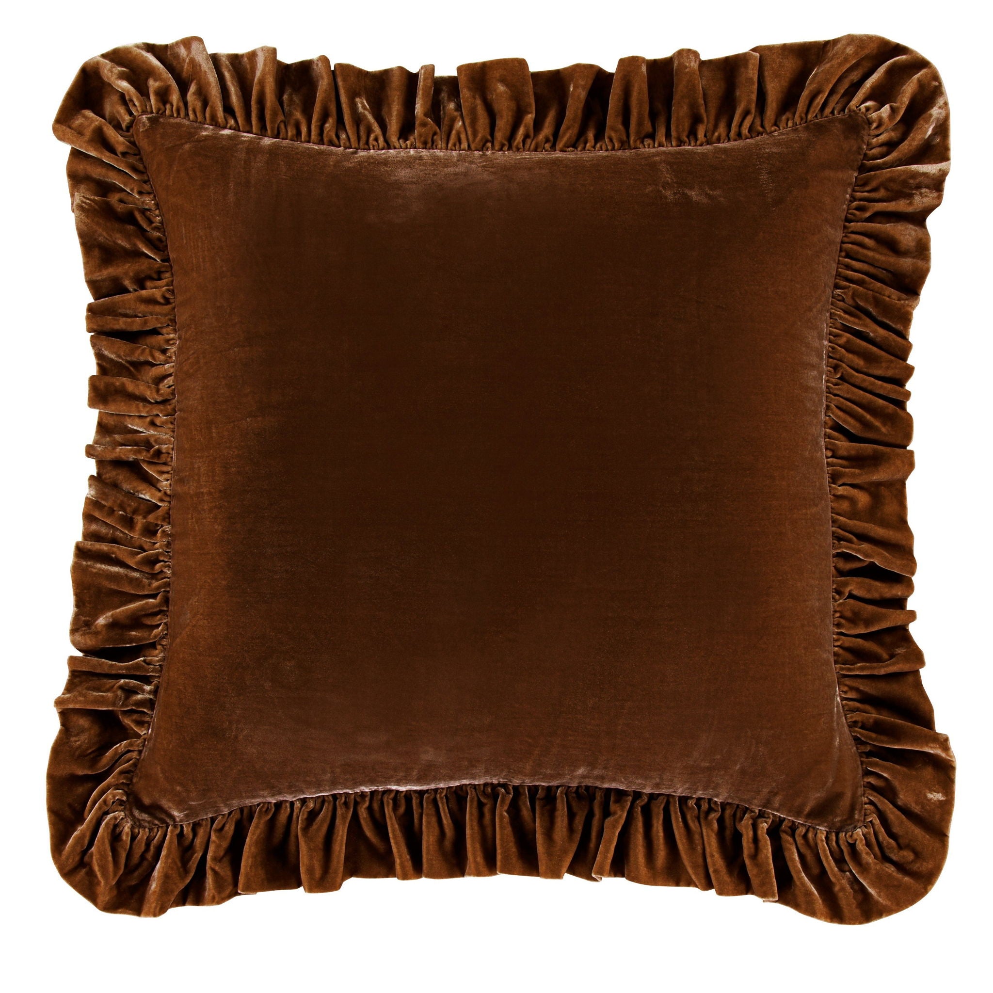 Stella - Faux Silk Velvet Ruffled Euro Sham - Copper Brown