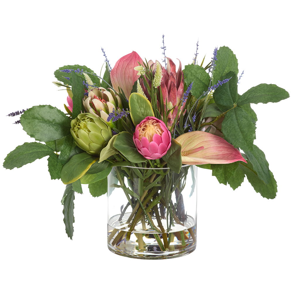 PROTEA/ ANTHURIUM/LAVENDER IN GLASS VASE Pink Lavender