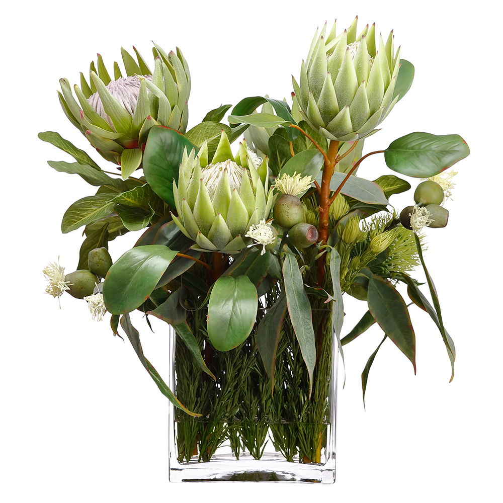 Protea/ Rosemary/Wolly in Glass Vase Green