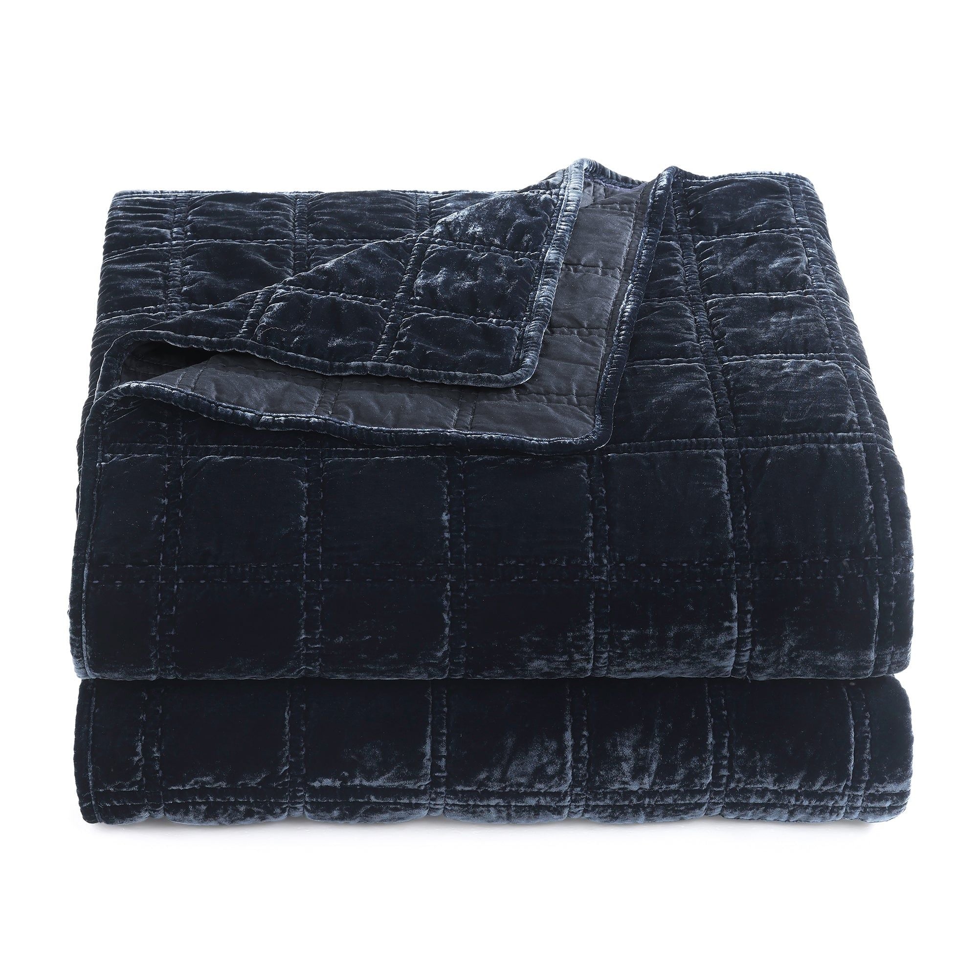 Stella - Full/Queen Faux Silk Velvet Double Box Stitch Quilt Set (Set of 3) - Midnight Blue